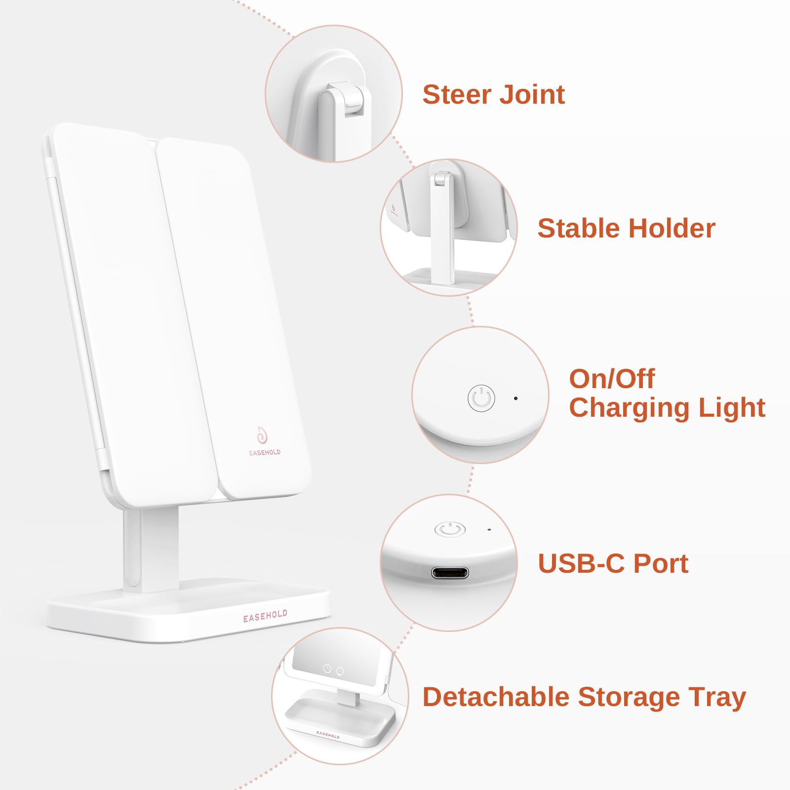 EASEHOLD Lighted Makeup Mirror - 3X Magnification, 3 Color Lights, Rechargeable Trifold Vanity Mirror, 14"L x 11.4"W, A-white, Model