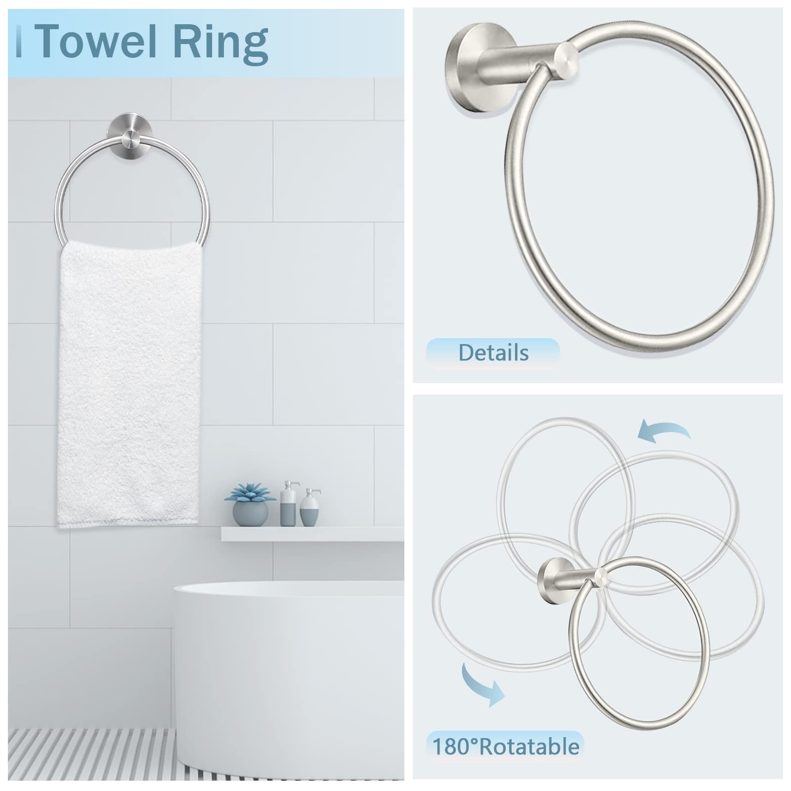 Cilee 10 Piece Brushed Nickel Bathroom Hardware Set, 24 Inch Brushed Nickel Towel Bar Towel Ring Toilet Paper Holder Robe Towel