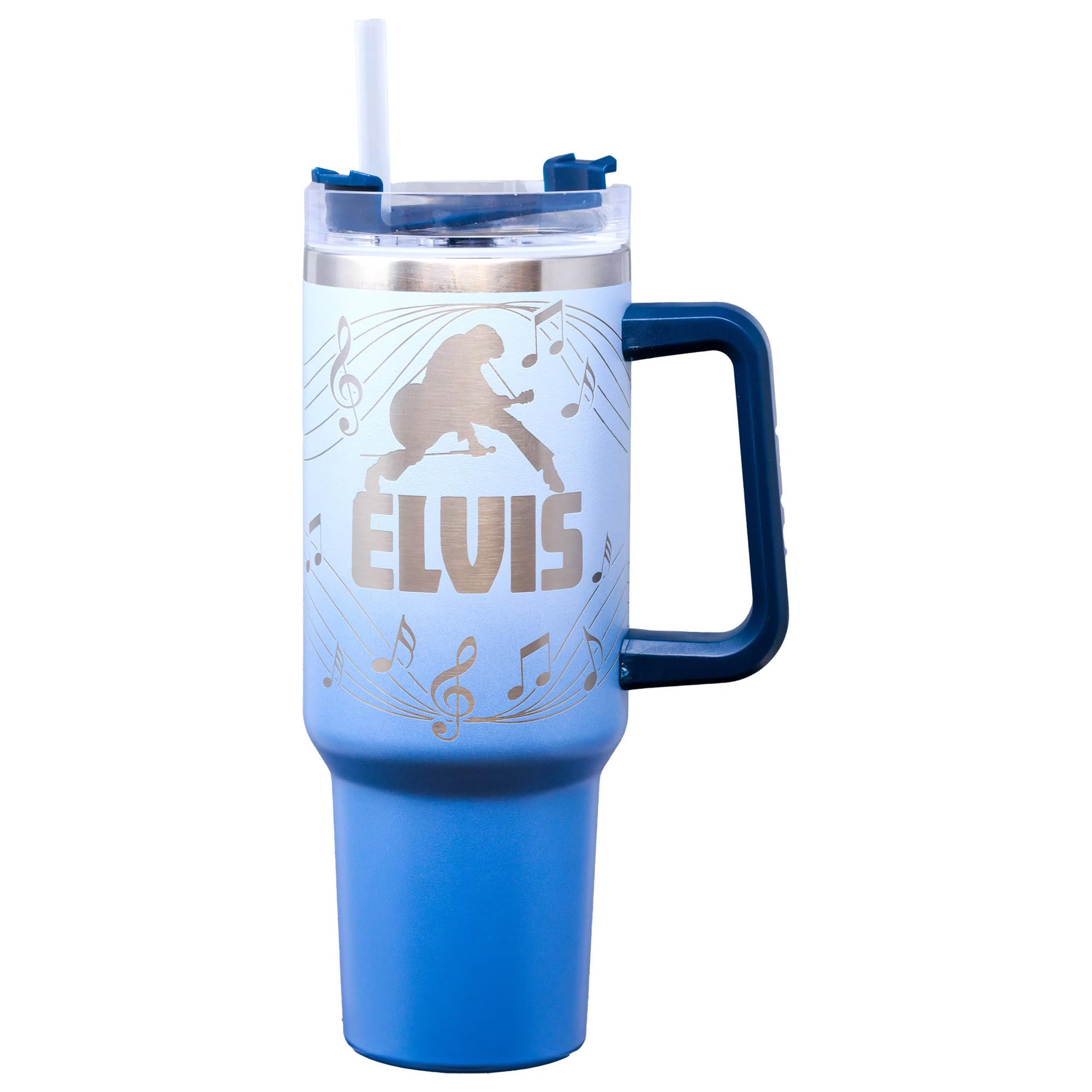 Spoontiques Etched Stainless Steel Travel Mug, 40oz - Double Wall Insulation, Sturdy Handle, Sliding Lock Travel Lid - Elvis