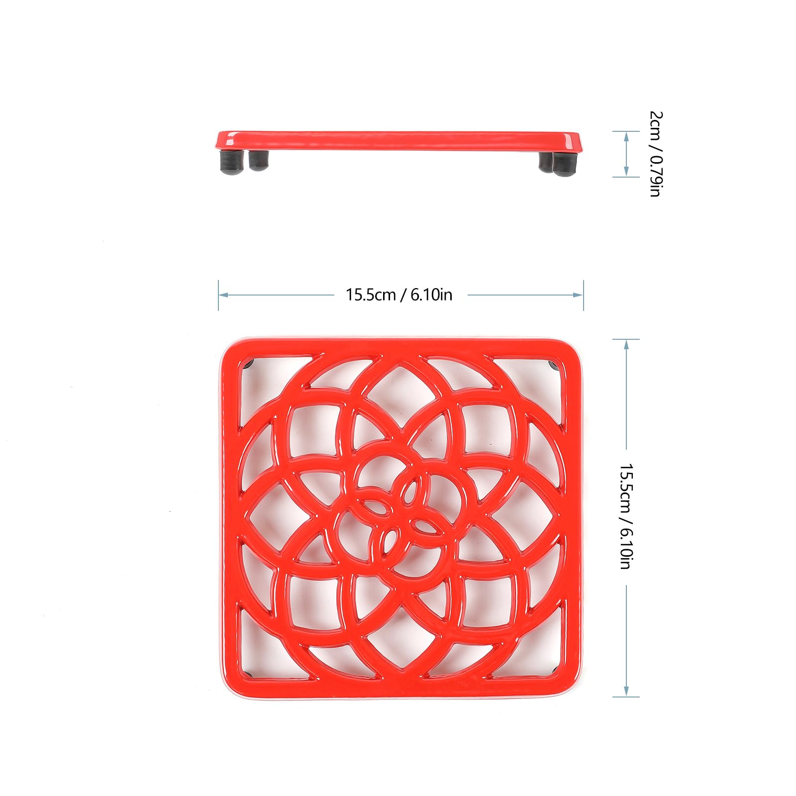 Hawok Enameled Cast Iron Square Trivet With Rubber Pegs, Metal Trivet For Hot Dishes, Red
