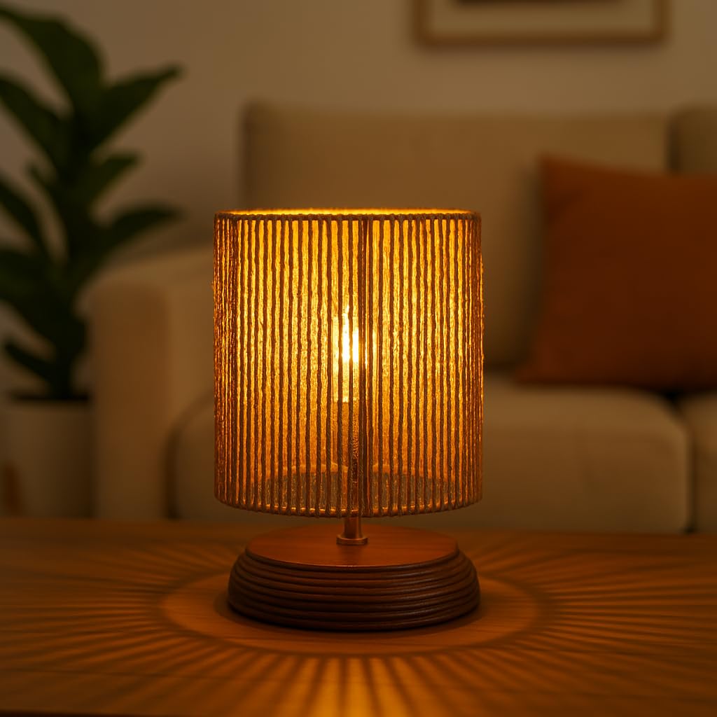 Ikari Homes Wood Boho Raffia Incandescent Table Lamp I Night Lamp For Bedroom Bedside & Center Table Lamp For Restaurant I Offic