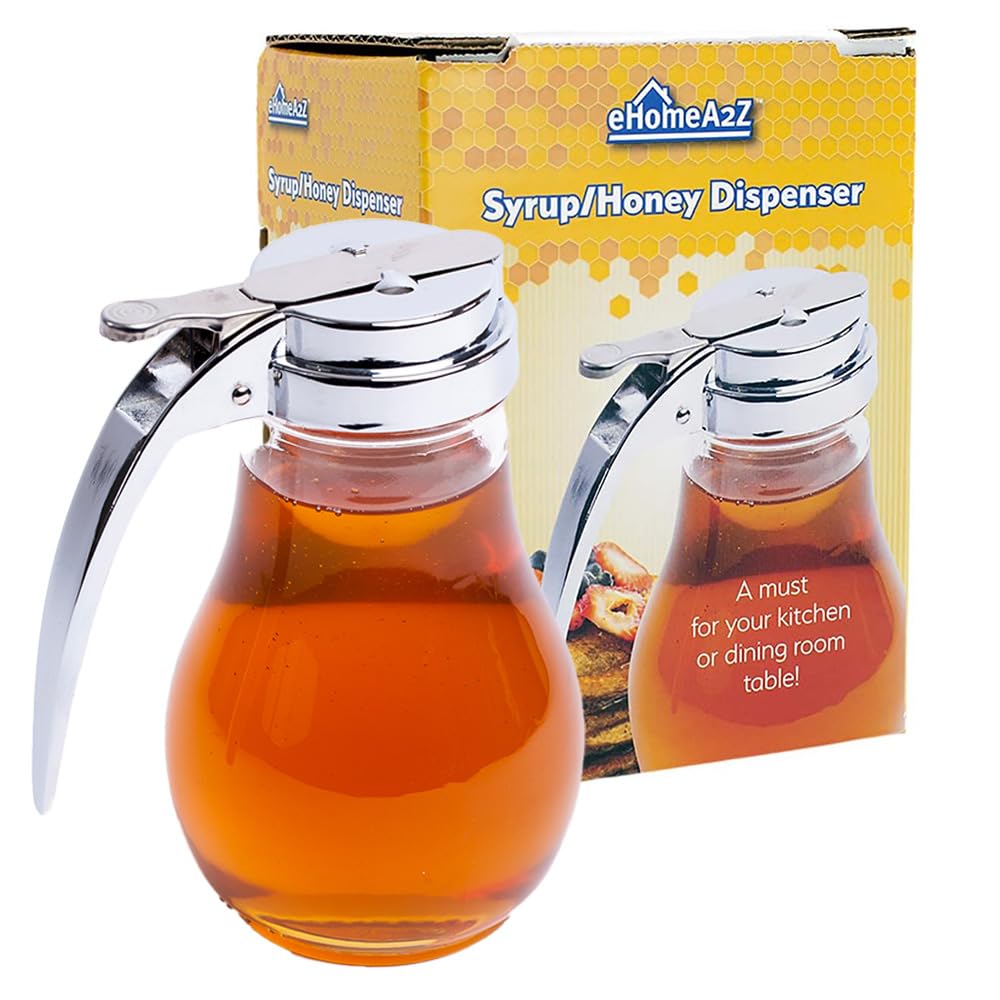 Ehomea2Z Commercial-Grade Tempered Glass Honey Dispenser, 14 Ounce Honey Jar With Metal Top, Kitchen Essential Honey Jars, Conve