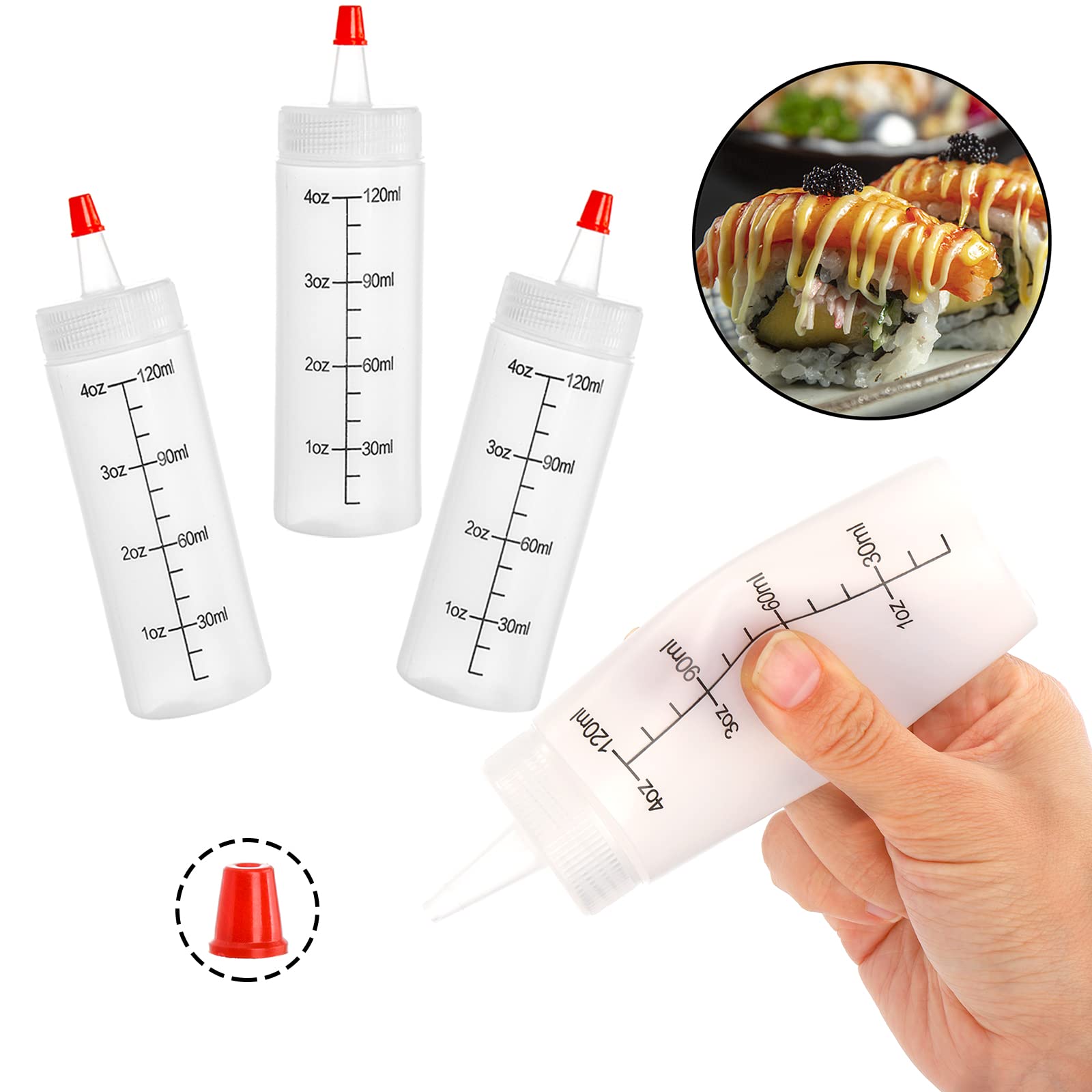 Foraineam 40 Pack 4 Oz (120 Ml) Small Condiment Squeeze Bottles With Red Tip Cap And Measurement, Durable Plastic Squirt Bottle