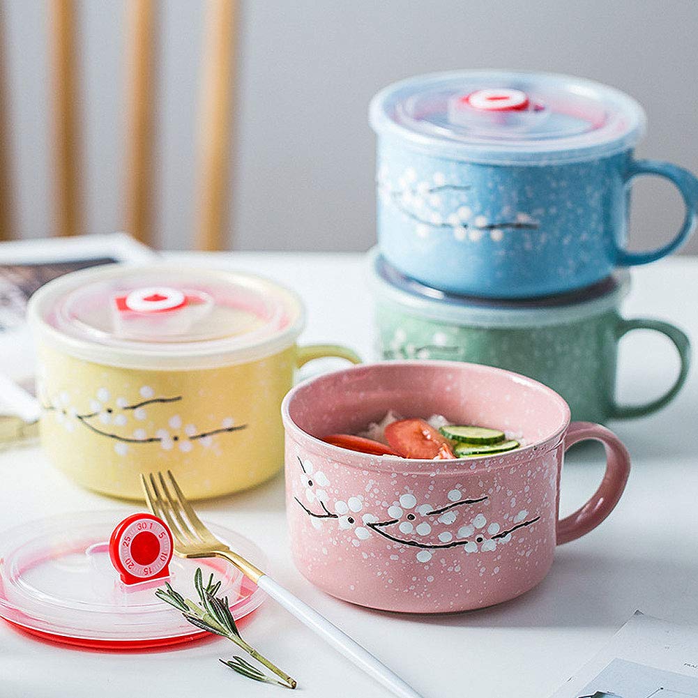 Vanenjoy 30Oz Ceramic Bowl With Lid & Handle,Cherry Blossoms Among Snow Flake Pattern,Microwave For Instant Noodle Sara, Cereal