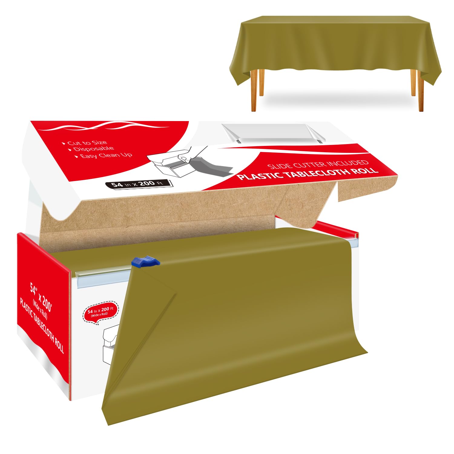 Xnluothsk 54 Inch x 200 Feet Gold Plastic Tablecloth Roll Cut to Size Disposable Table Cover with Cutter Box Plastic Table Cloth