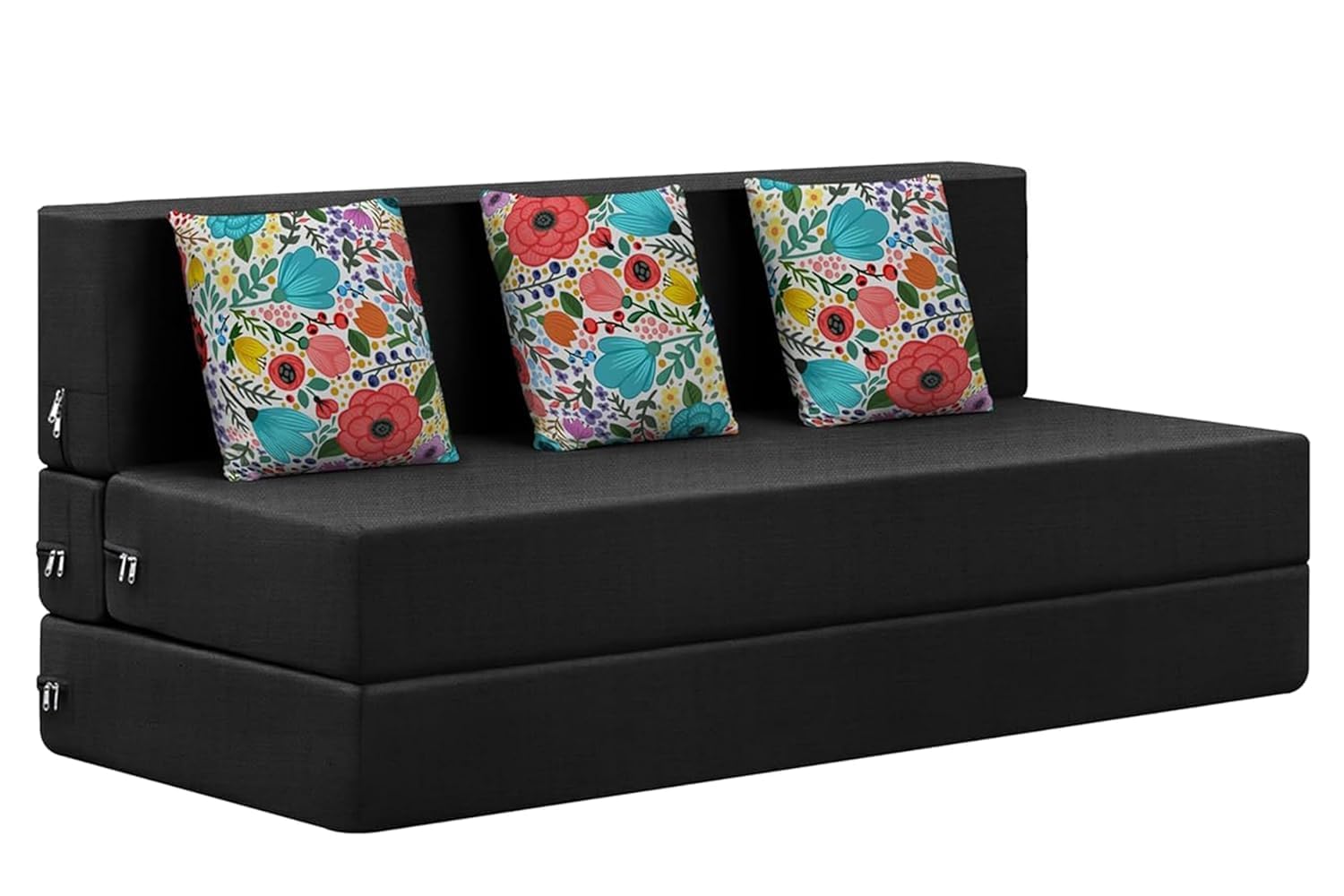 Rosebell Foldable Three Seater Sofa Cum Bed, Sofa Bed 5 X 6 Feet, Jute Fabric Washable Cover Including 3 Printed Cushion Perfect