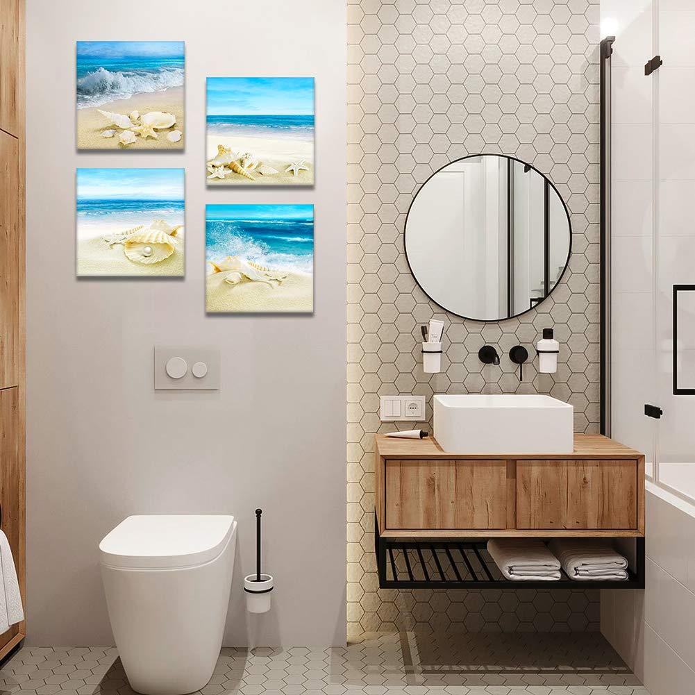 Artscope 4 Pieces Canvas Prints Wall Art - Beach Shells And Sea Picture Painting- Modern Wall Artwork Framed For Bathroom Home O