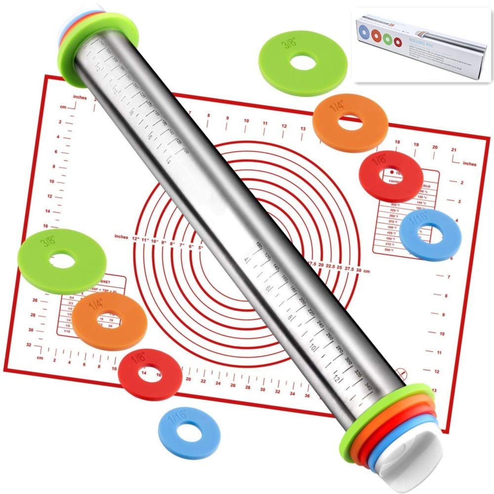 Rolling Pin Nonstick And Silicone Baking Pastry Mat Combo Kit, Adjustable Rolling Pin With Thickness Rings, Rolling Pin For Baki