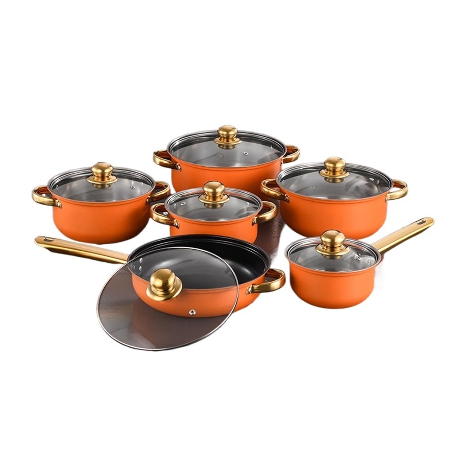 12Pc Nonstick Fry Pan & Saucepan Set Stainless Steel Induction Orange