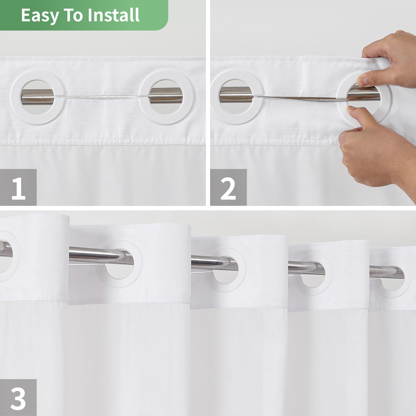 Eachope White No Hook Shower Curtain With Snap-In Fabric Liner Set,Slub Textured Fabric Shower Curtains For Bathroom,Hotel Style