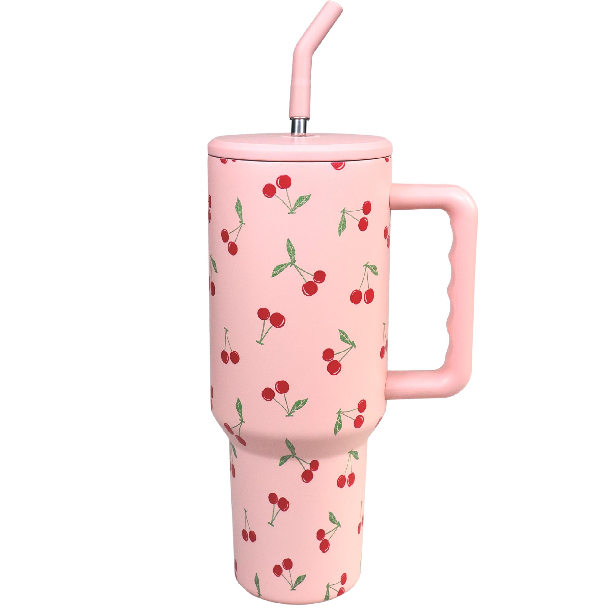OEUFSEEE Cherry Tumbler with Straw and Lid Vacuum Insulated 40oz Pink Stainless Steel Cup Gifts for Women Birthday Present Cherr