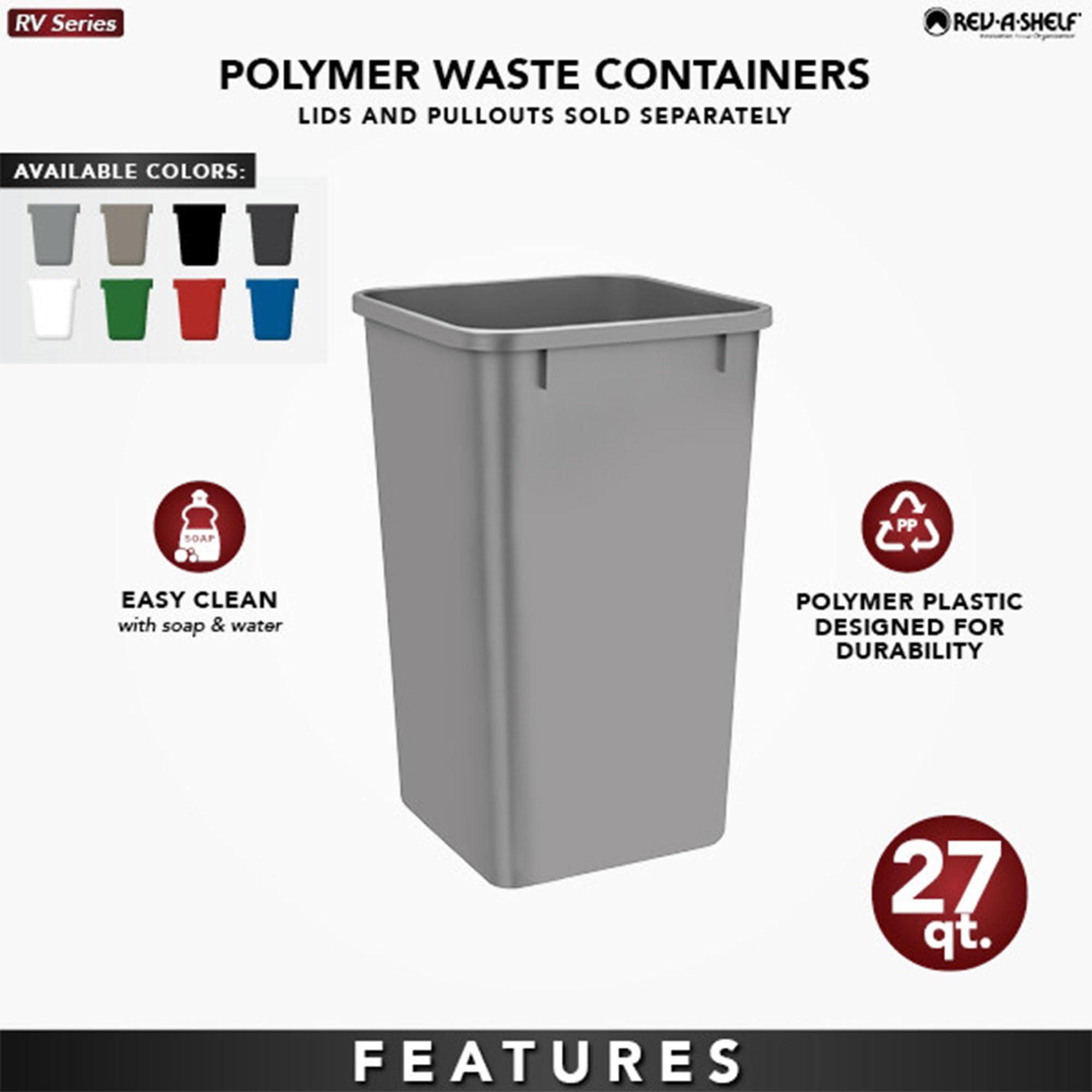 Rev-A-Shelf Polymer Replacement 27 Quart Trash Bin Recycle Waste Garbage Container For Kitchen Cabinet Pullouts, Green, 2 Pack,