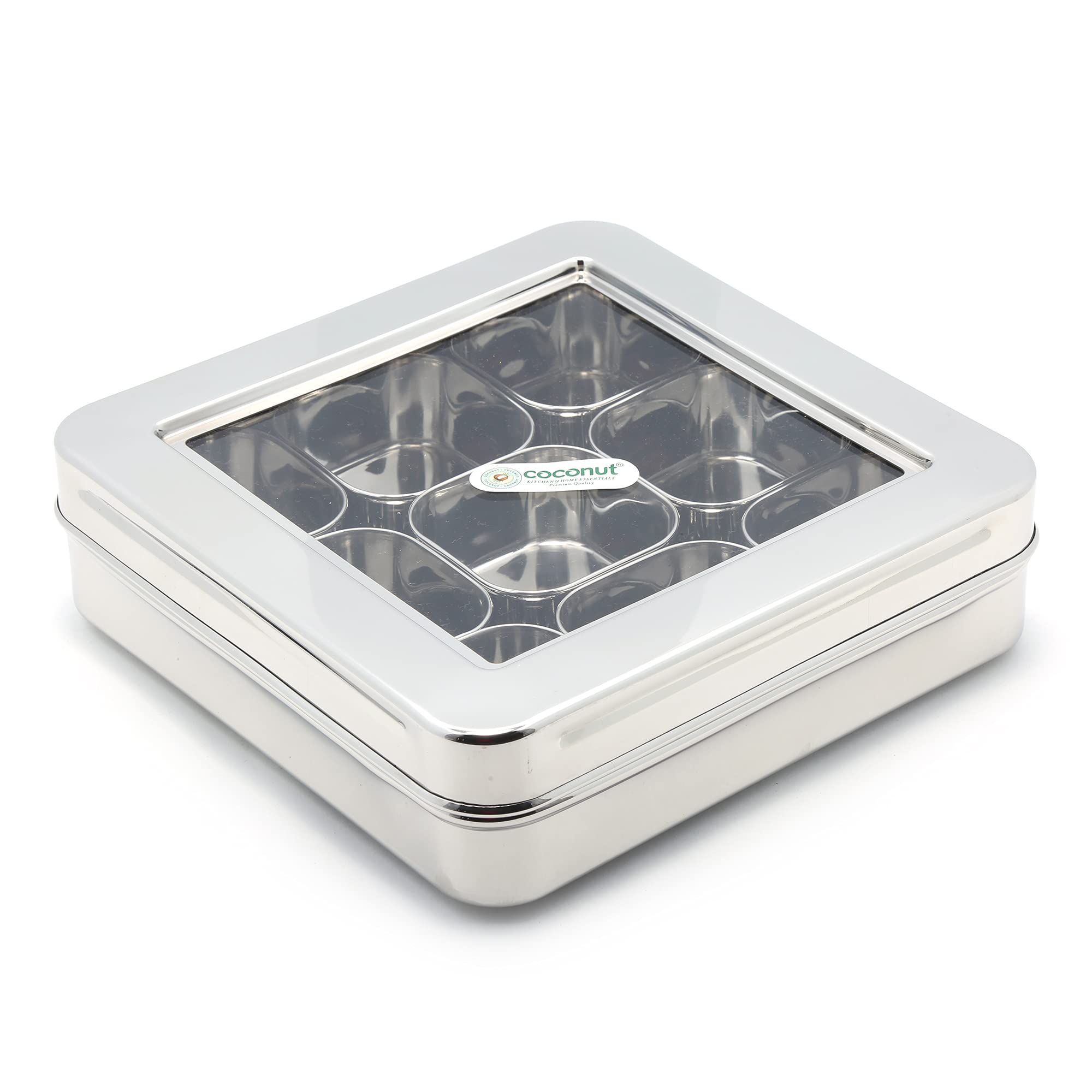 Coconut Stainless Steel Nano Square Masala Box See Thru Lid/Spice Container/C Thru Masala Box With 9 Bowls  Diamater  22Cm, Ca