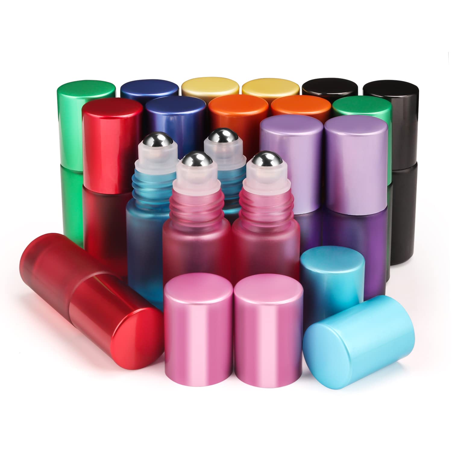 BOSMIOW 18 Pack Set Colorful Frosted Glass Rollerball Bottles 5ml(1/6oz) Essential Oil Roll On Bottles with Stainless Steel Roll