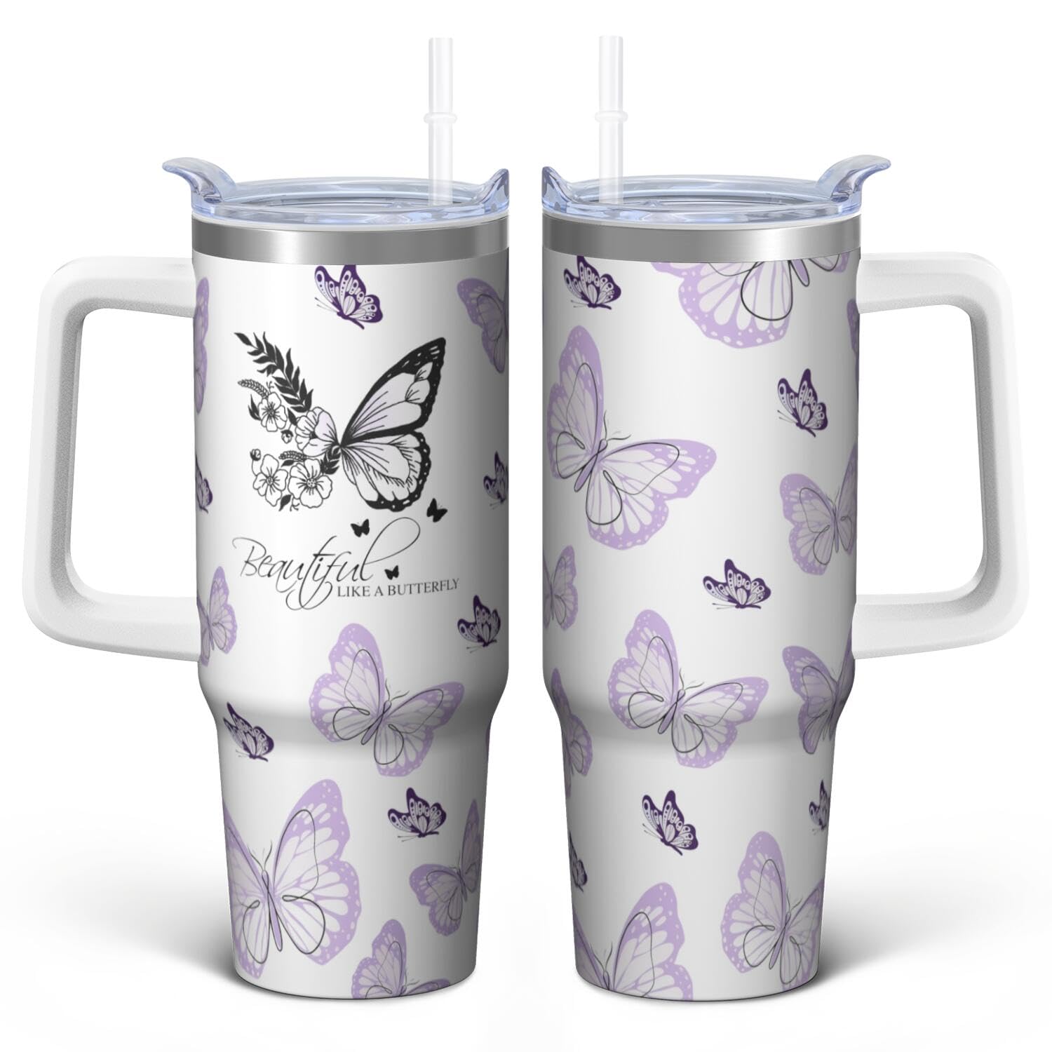 Xchearser Butterfly Tumbler with Handle and Straw, 30oz Purple Travel Coffee Mug Water Bottle with Lid, Stainless Steel Insulate