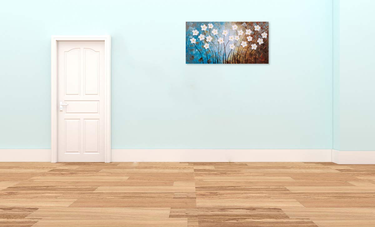 Yihui Arts Flower Painting Hand Painted 3D Brown Light Blue White Canvas Wall Art Giant Contemporary Plant Pictures For Bedroom