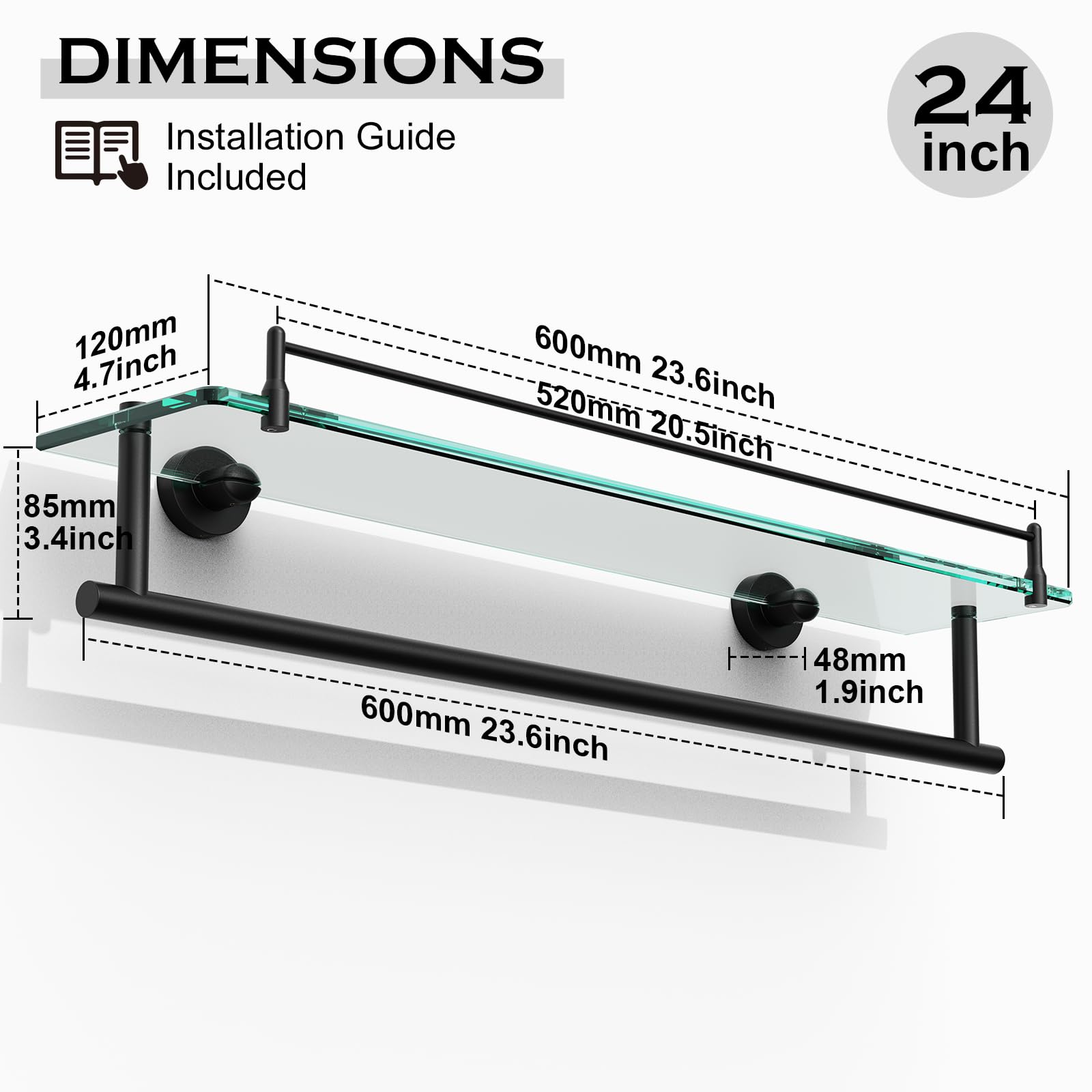 Kocok Glass Shelves For Bathroom With Towel Bar,24-Inch Black Rectangular Glass Shelf Bathroom Shelves With Towel Rack Modern Te