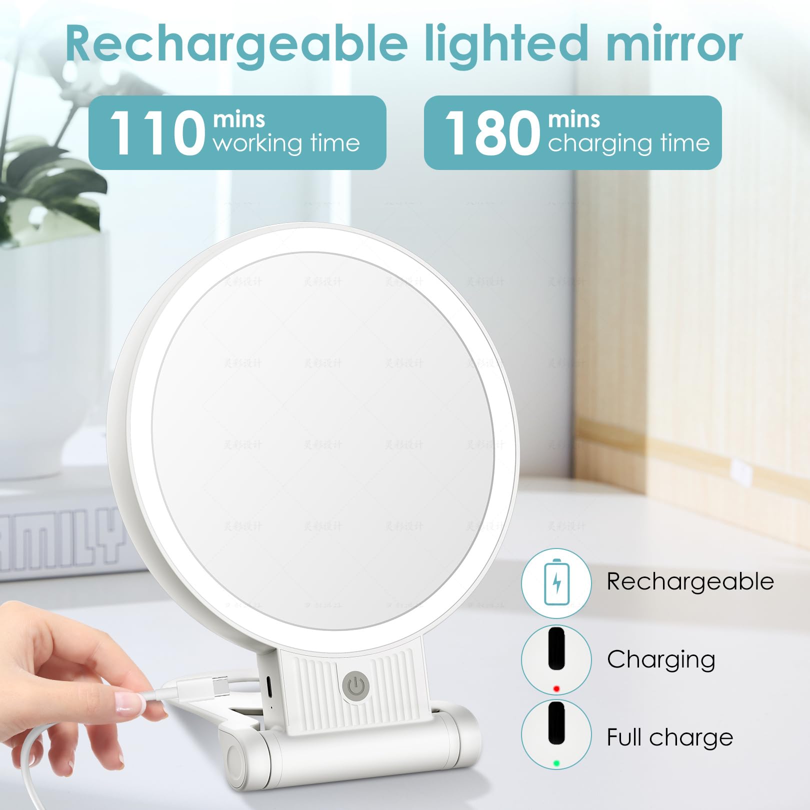 Lukymiro 1X 10X Lighted Makeup Mirror, Rechargeable 8'' Vanity Magnifying Mirror With Lights 3 Color Setting, 2 Sided Led Vanity