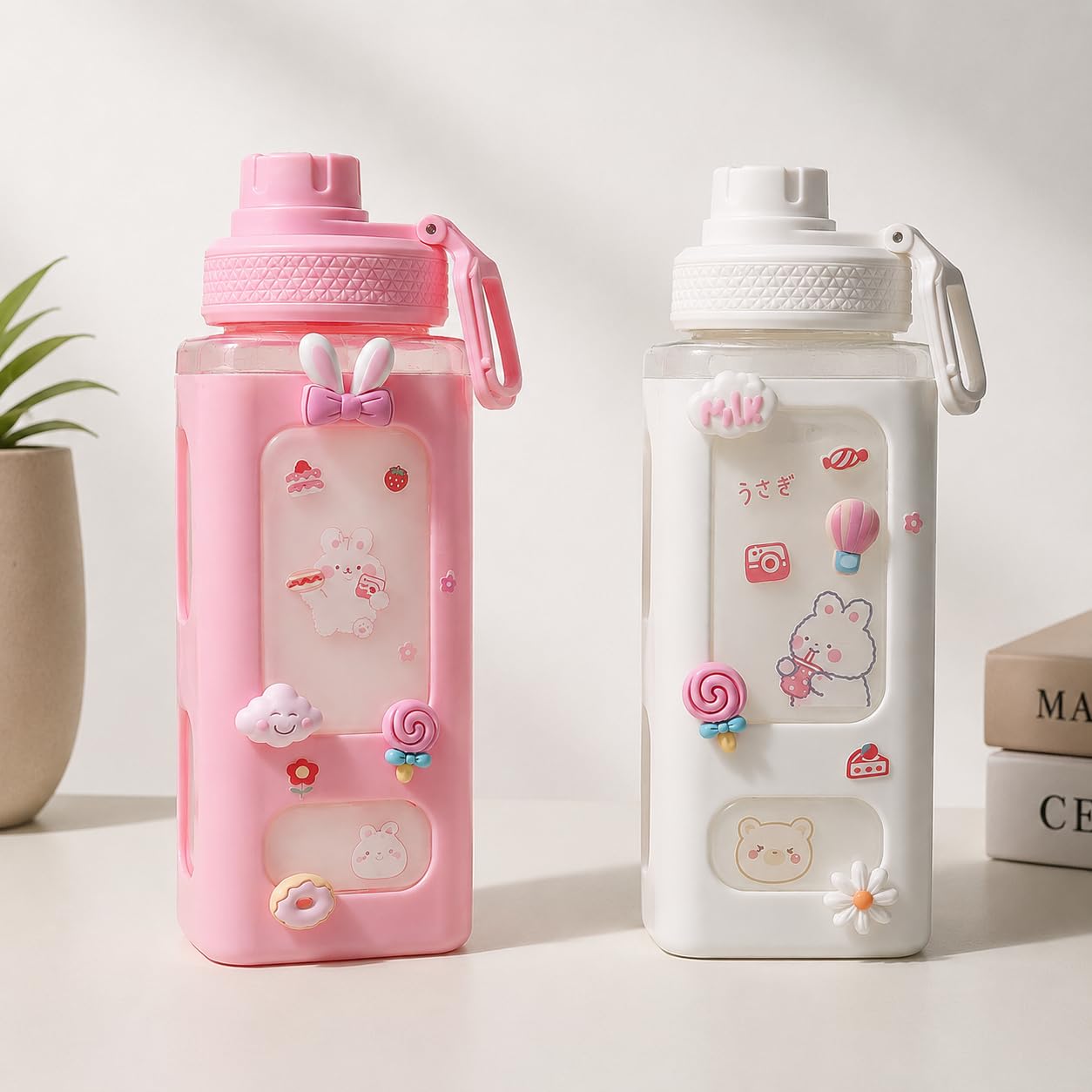 Livionix Kawaii Square Plastic Water Bottle With Straw, Pink And White, 700Ml, Cute Bear Theme, For Girls