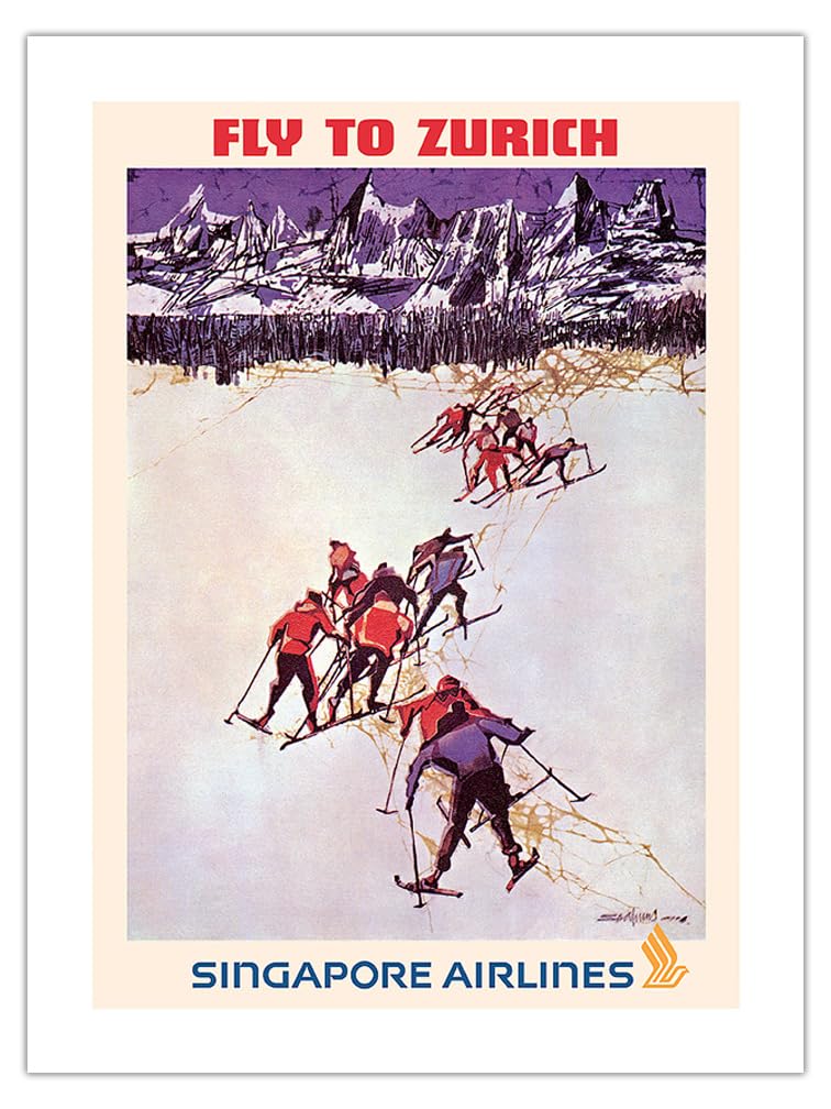 Fly To Zurich Switzerland - Skiing - Singapore Airlines - Vintage Airline Travel Poster By Seah Kim Joo C.1960S - Bamboo Fine Ar