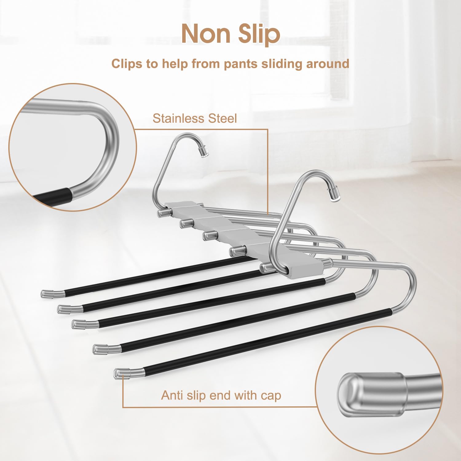 Loretoy 4 Pack Pants Hangers Space Saving, Anti-Slip Multi-Functional Pants Rack, Thickened Stainless Steel Tube, Two Hanging Mo