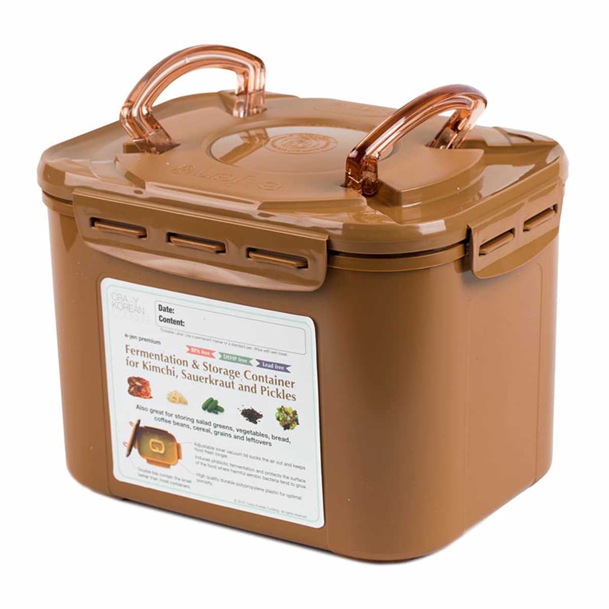 Crazy Korean Cooking Premium Kimchi, Sauerkraut Fermentation And Storage Container With Inner Vacuum Lid, Sandy Brown, 2.2 Gallo