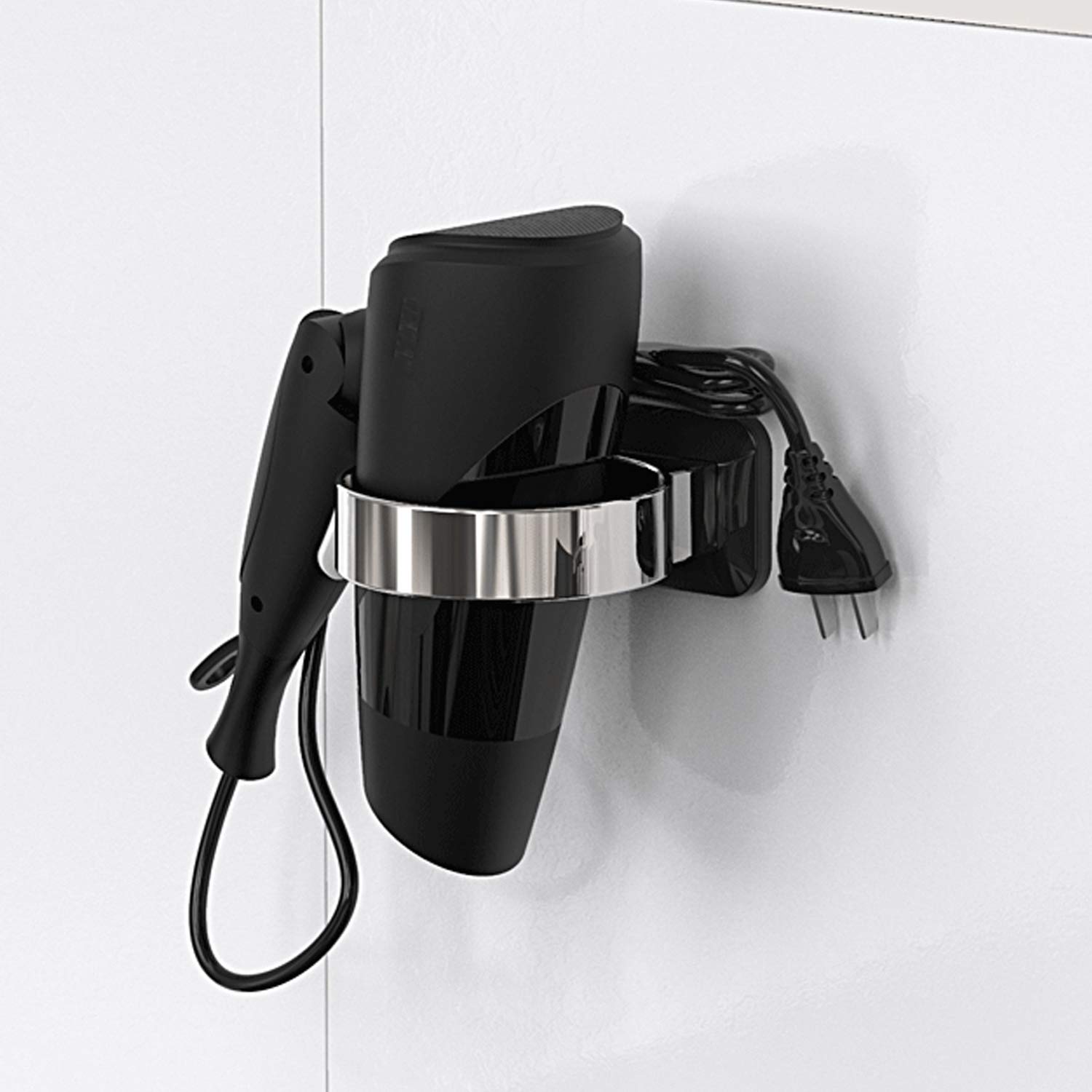 Raikedr Hair Dryer Holder-Black, Bathroom Hair Dryer Holder, Hair Care Tools Holder Wall Mount - Extra Large Rim (Silver + Black