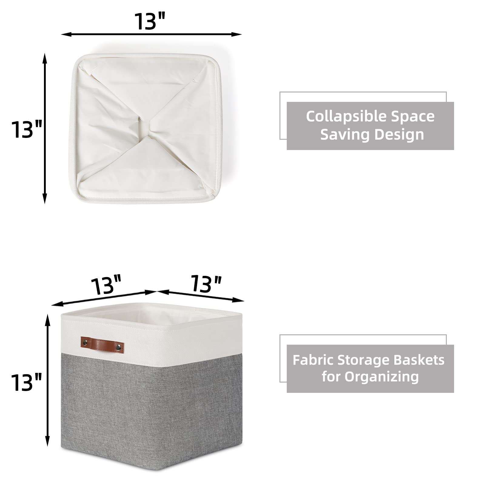 HNZIGE Foldable Storage Cubes Baskets Set(4 Pack) Fabric Bins for Shelves 13 Inch Storage Basket for Organizing with Leather Handles for Home  Toys  Clothes  Kids Room  Closet Storage(White&Gray)