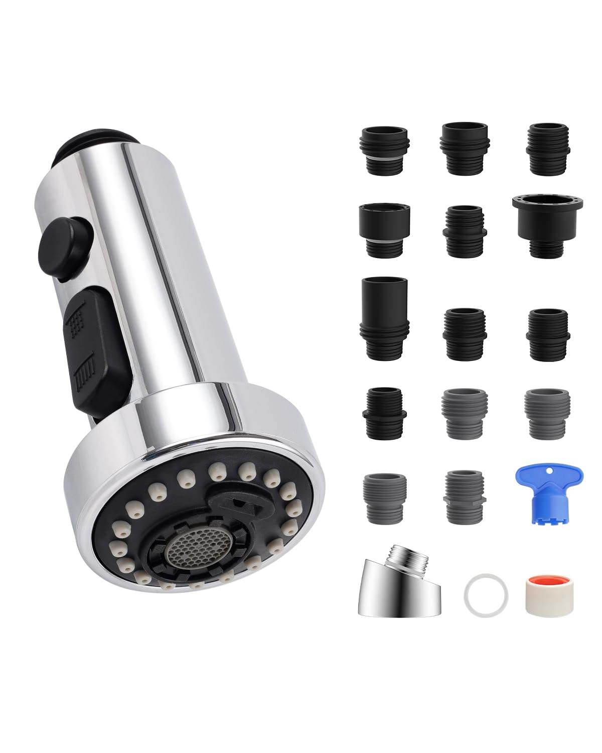 Hibbent Pull Down Kitchen Faucet Head Replacement  3 Function Sink Faucet Sprayer Head Nozzle with 10 Adapters  Compatible with Moen  American Standard  Delta  Kohler Faucets  Chrome