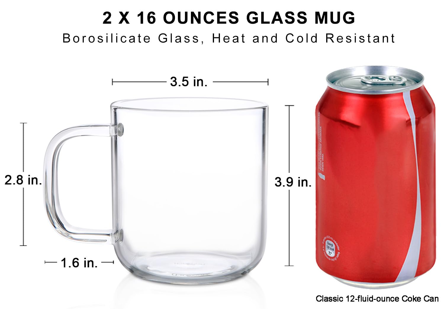 Aquach Glass Mugs 16 Oz Set Of 2, Large Clear Glass Cup With Handle For Hot/Cold Coffee Tea Beverage, Drinking Glasses