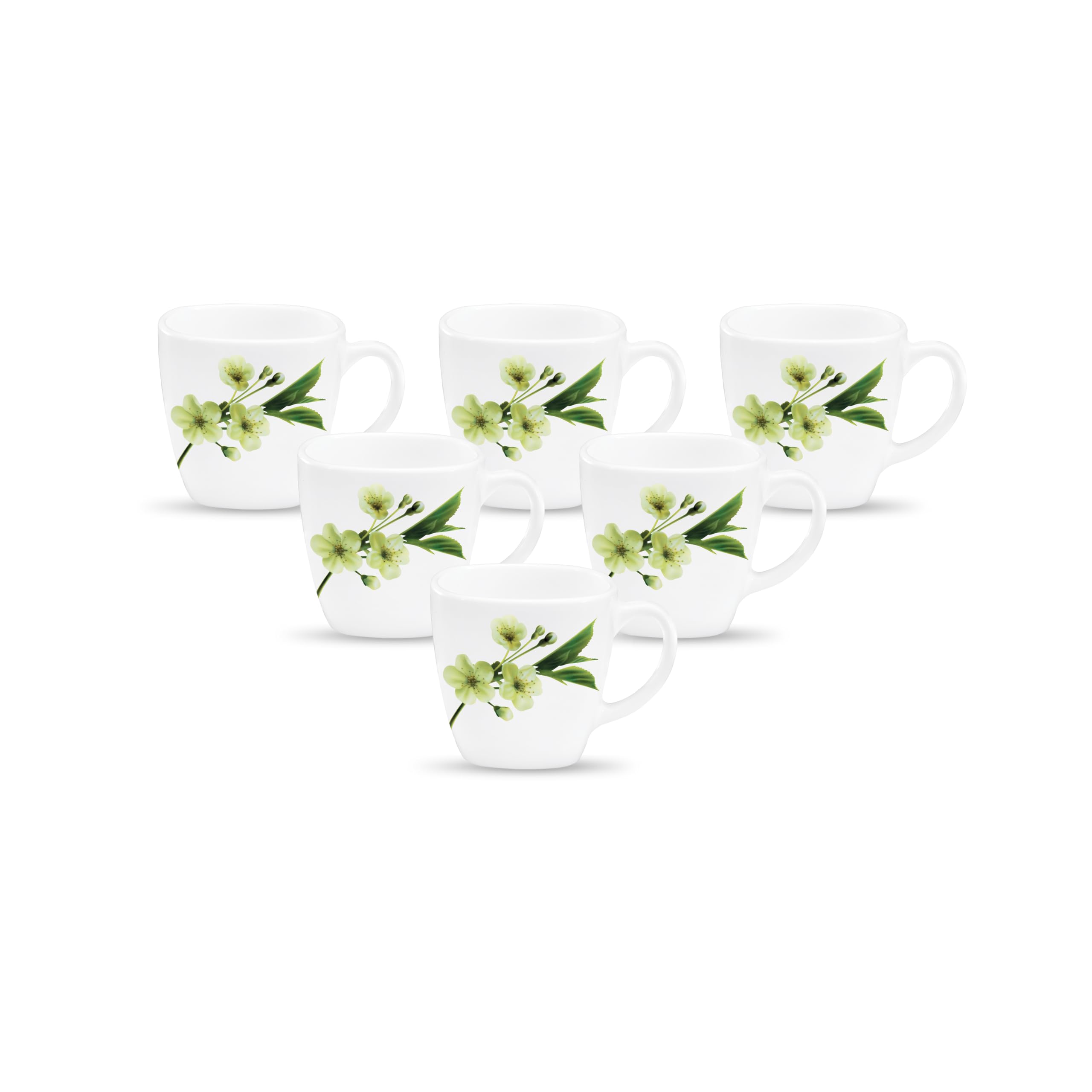 La Opala Diva, Quadra Collection Opal Glass Crockery | Coffee Mug, Set of 6 | Snowdrop, 190 ml | for Tea & Coffee | Microwave Sa