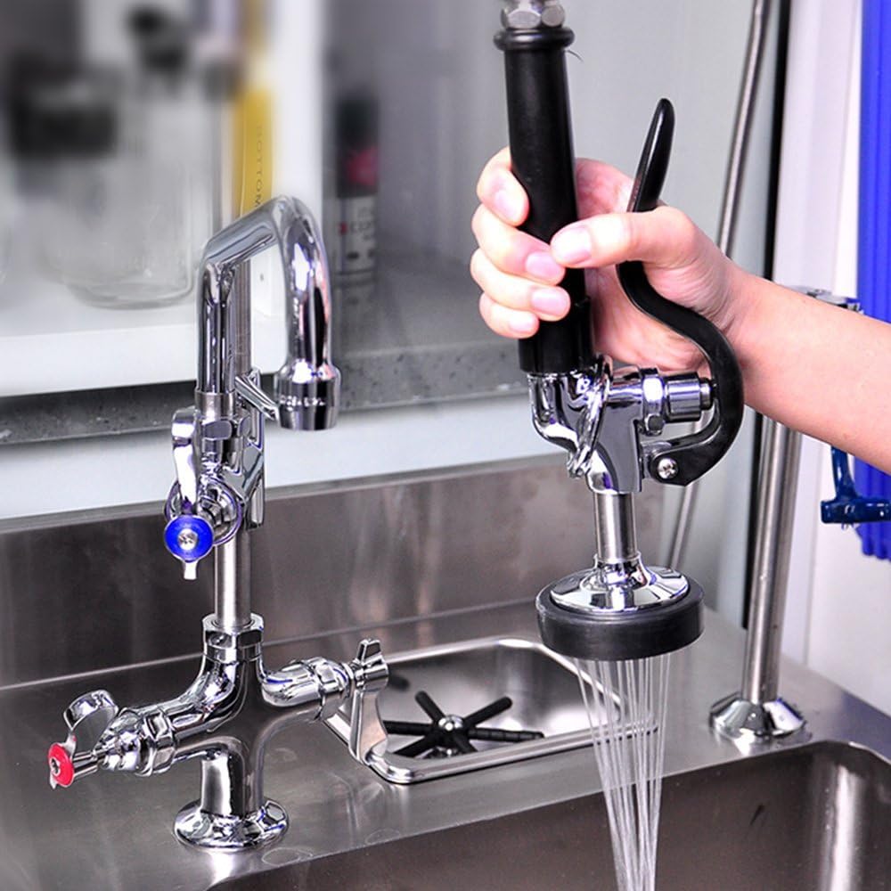 JZBRAIN Pre Rinse Spray Valve Commercial Kitchen Sink Faucet Sprayer Head 1.42 GPM High Pressure Washing Sprayer Nozzle Replacement Kit for Pre Rinse Faucet Chrome Polished (Black)