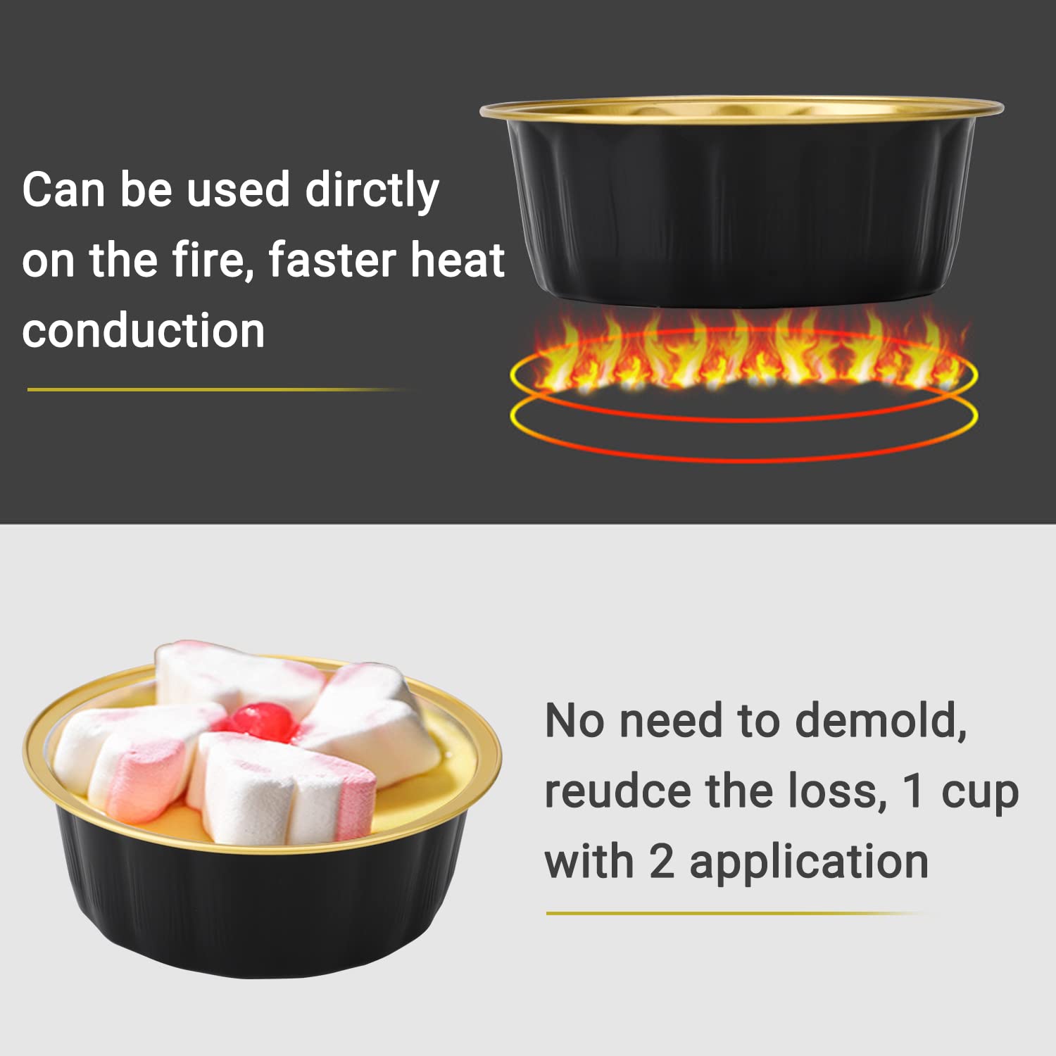 Beasea Disposable Ramekins 8Oz, 100 Pack Black Gold Aluminum Foil Cups With Lids, Disposable Creme Brulee Muffin Cupcake Baking