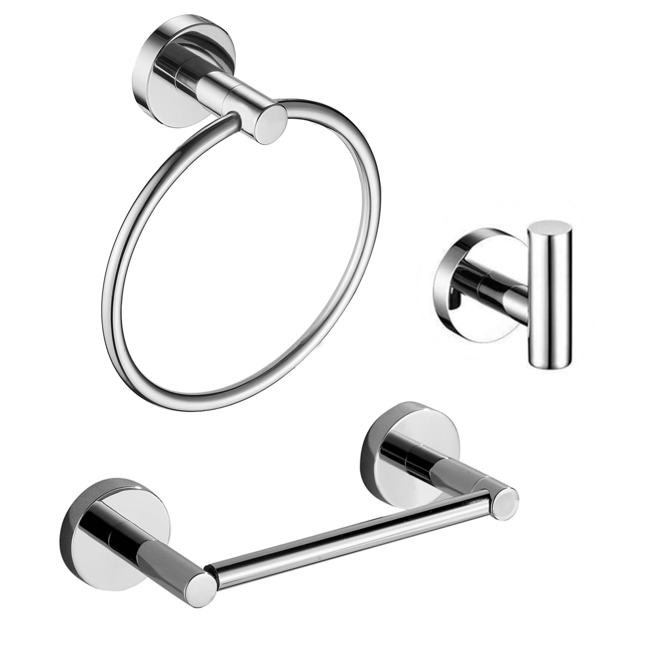 FAIRGIA Chrome Bathroom Hardware, Polished Silver Toilet Paper Holder Towel Ring Robe Hook Wall Mount Hand Towel Holder Set Tiss