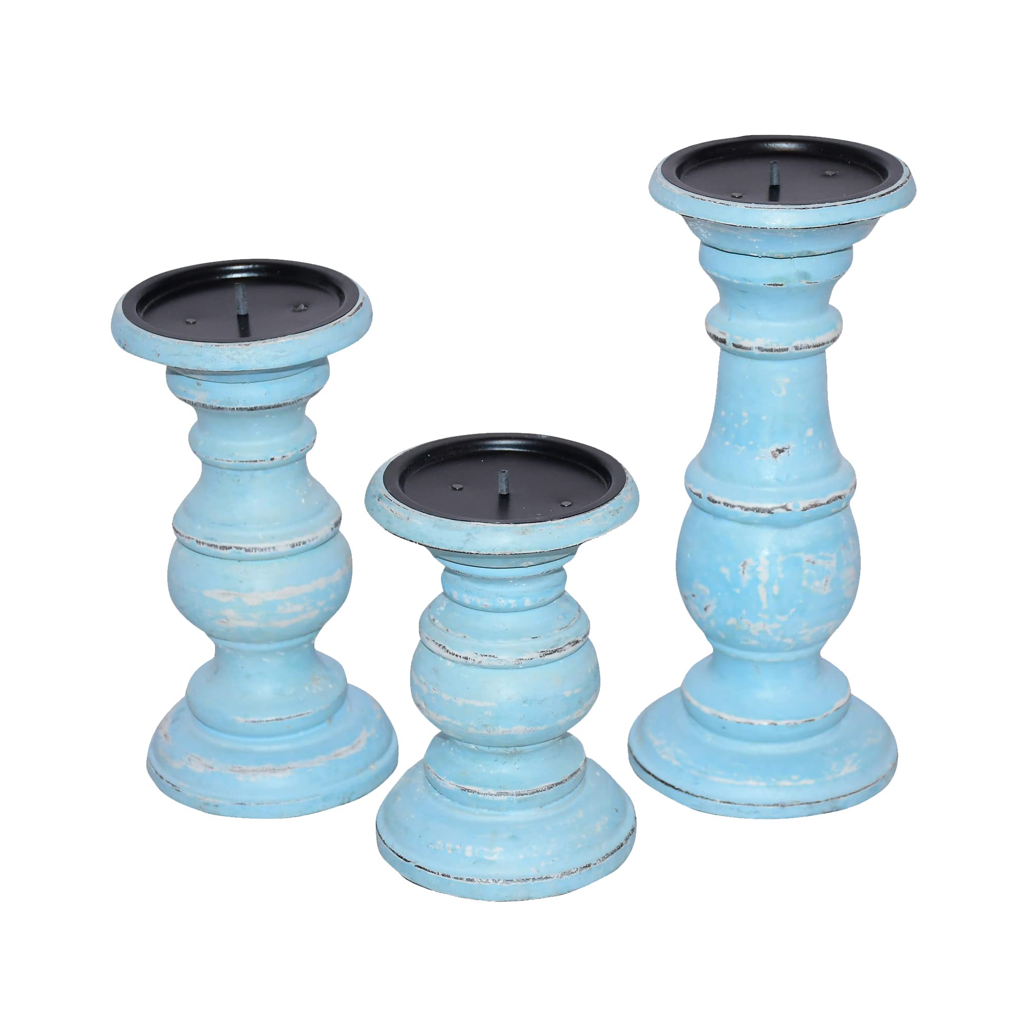 The Urban Port Wooden Candleholder with Turned Pedestal Base, Set of 3, Distressed Blue