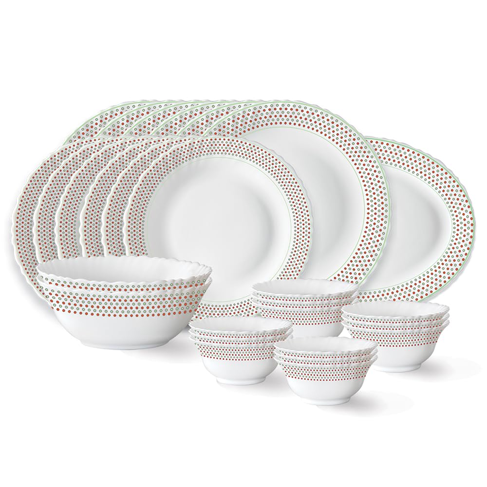 Larah By Borosil Waltz Fluted Series Opalware Dinner Set | 27 Pieces For Family Of 6 | Microwave & Dishwasher Safe | BoneAsh Fr