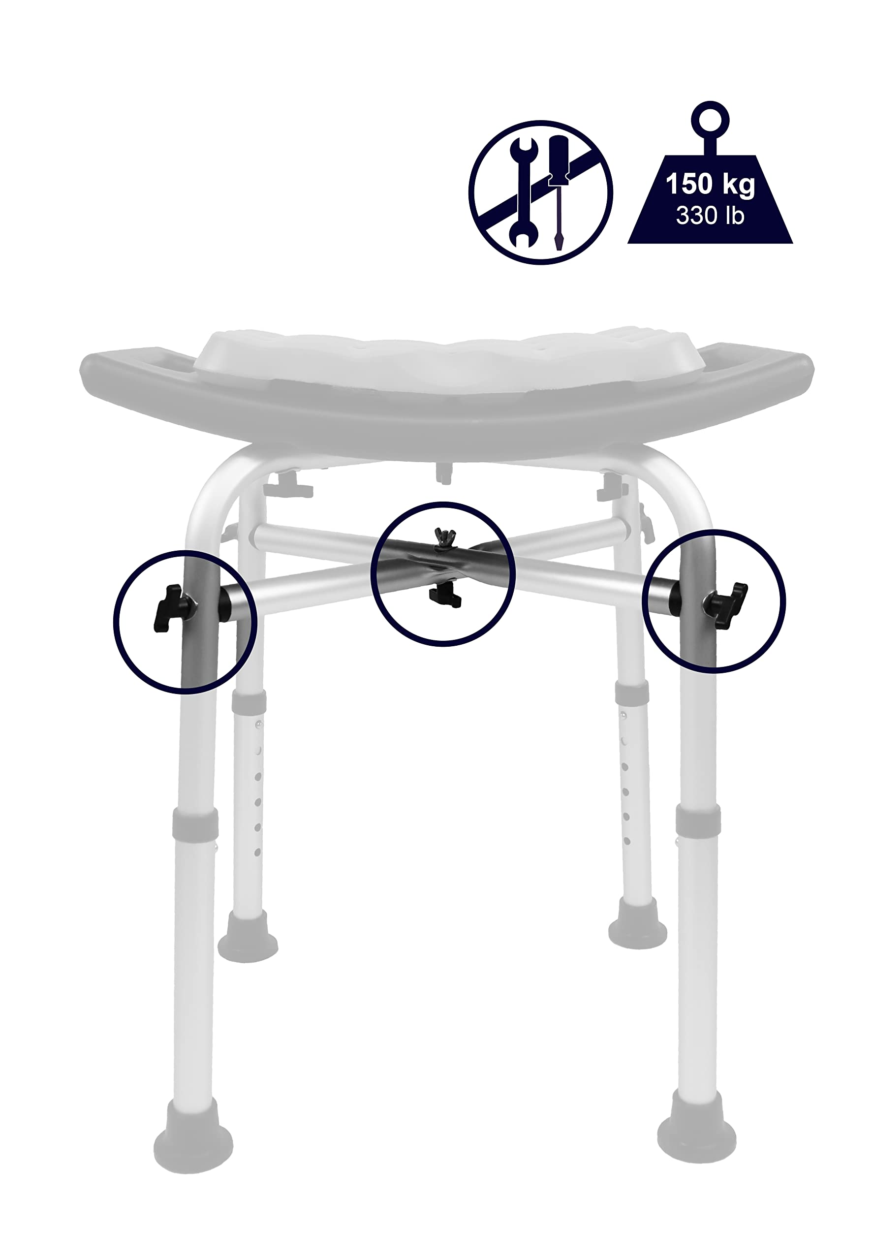 KMINA - Heavy Duty Shower Stool Padded (330 lb) with Double Reinforced crossbar and cushion  Shower Stool for Inside Shower  Shower chair for Bathtub  Black Shower Seat Free Assembly - Made in Europe