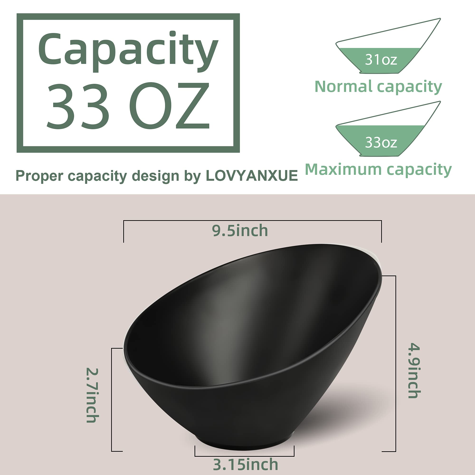 Lovyanxue Bamboo Fiber Salad Bowls, Compostable Elegant Black Serving Angled Bowls For Salad, Pasta, Soup, Prep, Ideal For Home