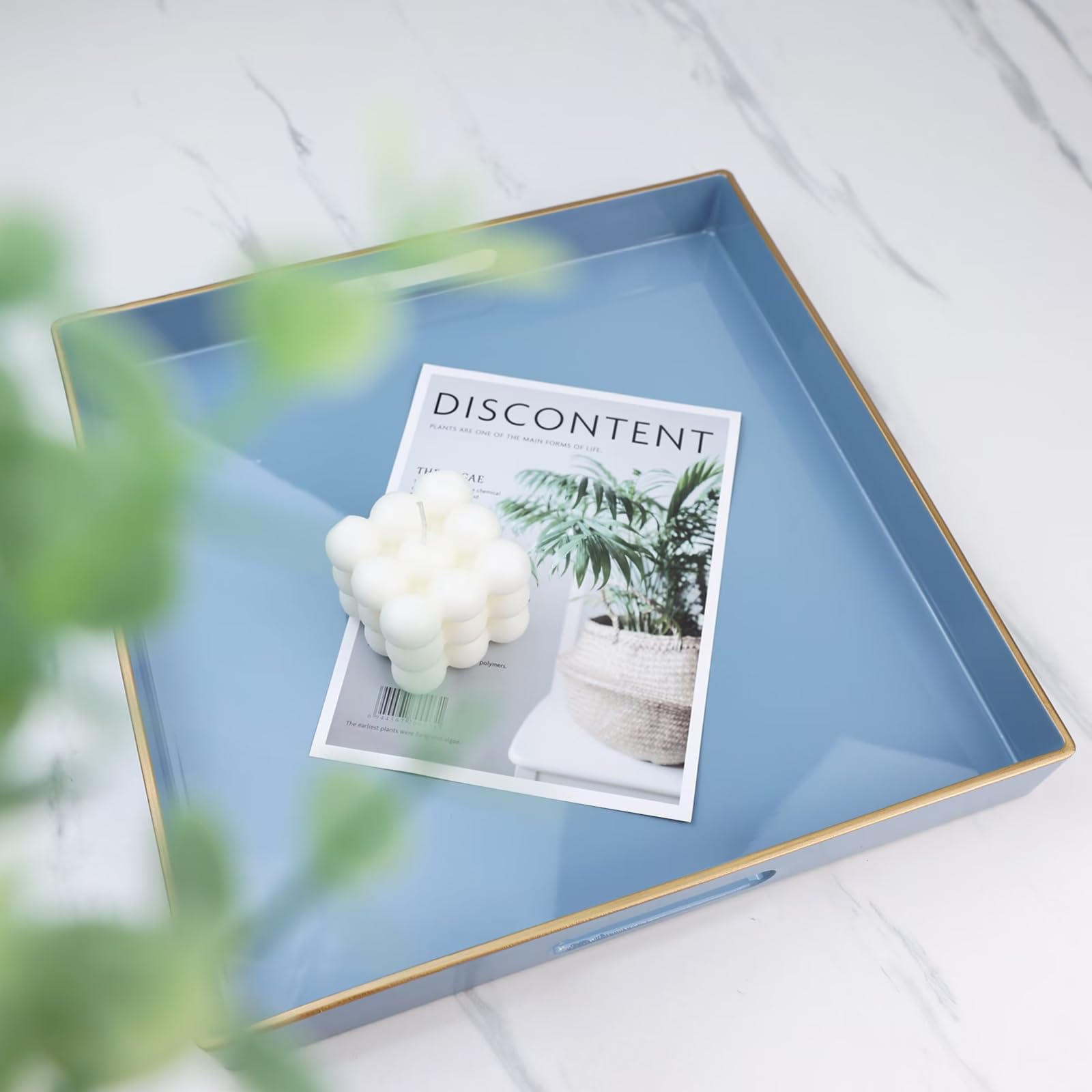 Spsyrine Light Blue Decorative Tray For Living Room, Square Modern Plastic Round Coffee Serving Table Tray For Ottoman Bathroom
