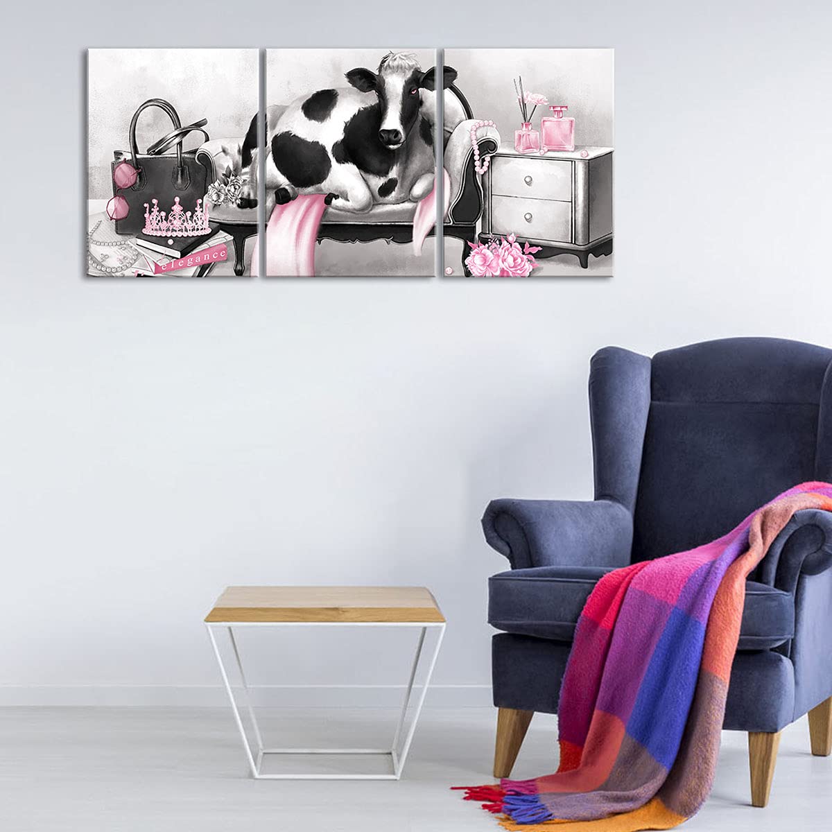 Kalormore Pink Glam Fashion Canvas Poster Elegant Cow With Pearl Crown Perfume Picture Prints Artwork Gift For Girl Woman Bedroo