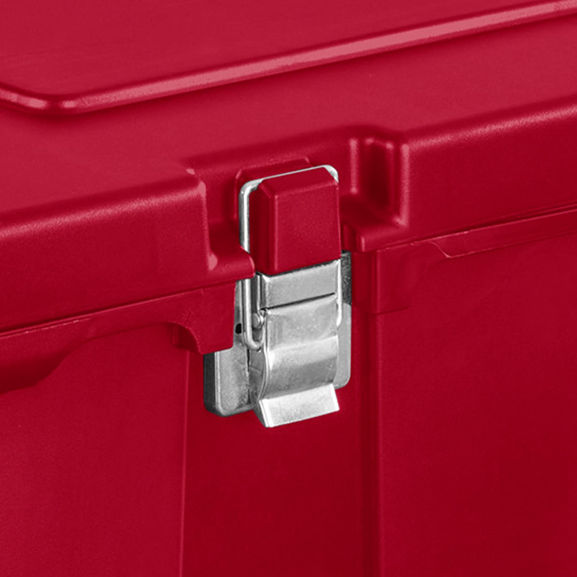 Sterilite 23 Gallon Lockable Storage Tote Footlocker Toolbox Container Box With Wheels, Handles, Metal Hinges, And Latches, Infr