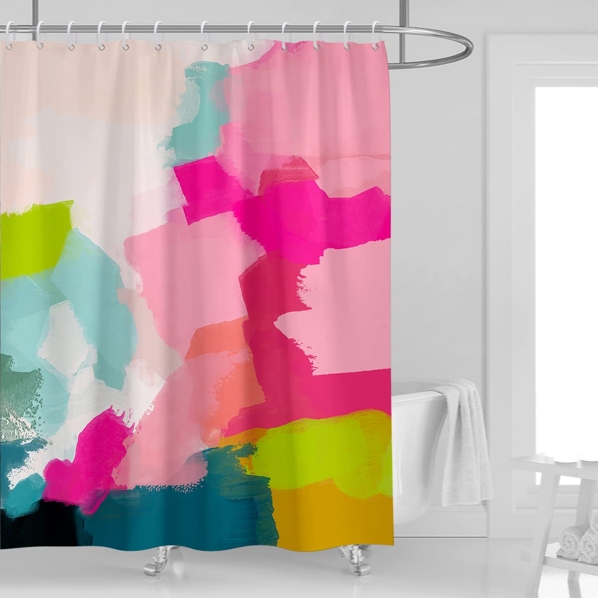 Kikiry Abstract Watercolor Shower Curtain 60''W X 72''L Pink Teal Colorful Bright Ombre Modern Preppy Minimalist Girls Oil Paint