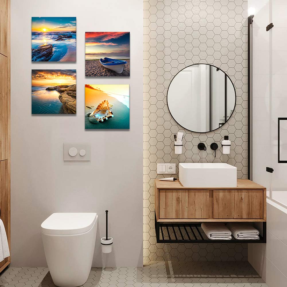 Artscope 4 Pieces Canvas Prints Wall Art - Sunset Seaside Scenery Picture Painting- Modern Wall Artwork Framed For Bathroom Home