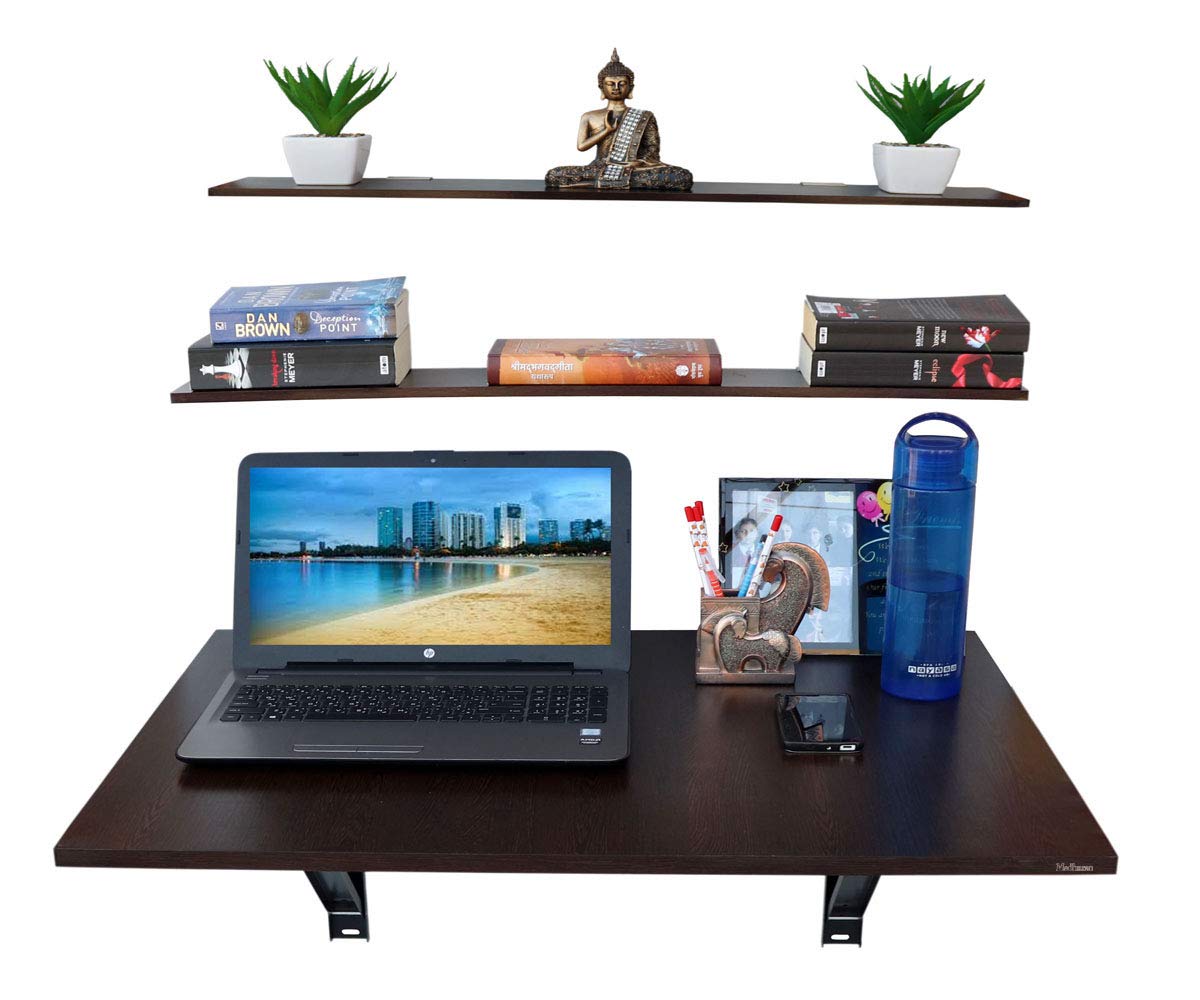 Madhuran Engineered Wood Big Wall Mounted Table With 2 Storage Shelf (Matte Finish, Wenge) / Students Study Home Work Kitchen Of