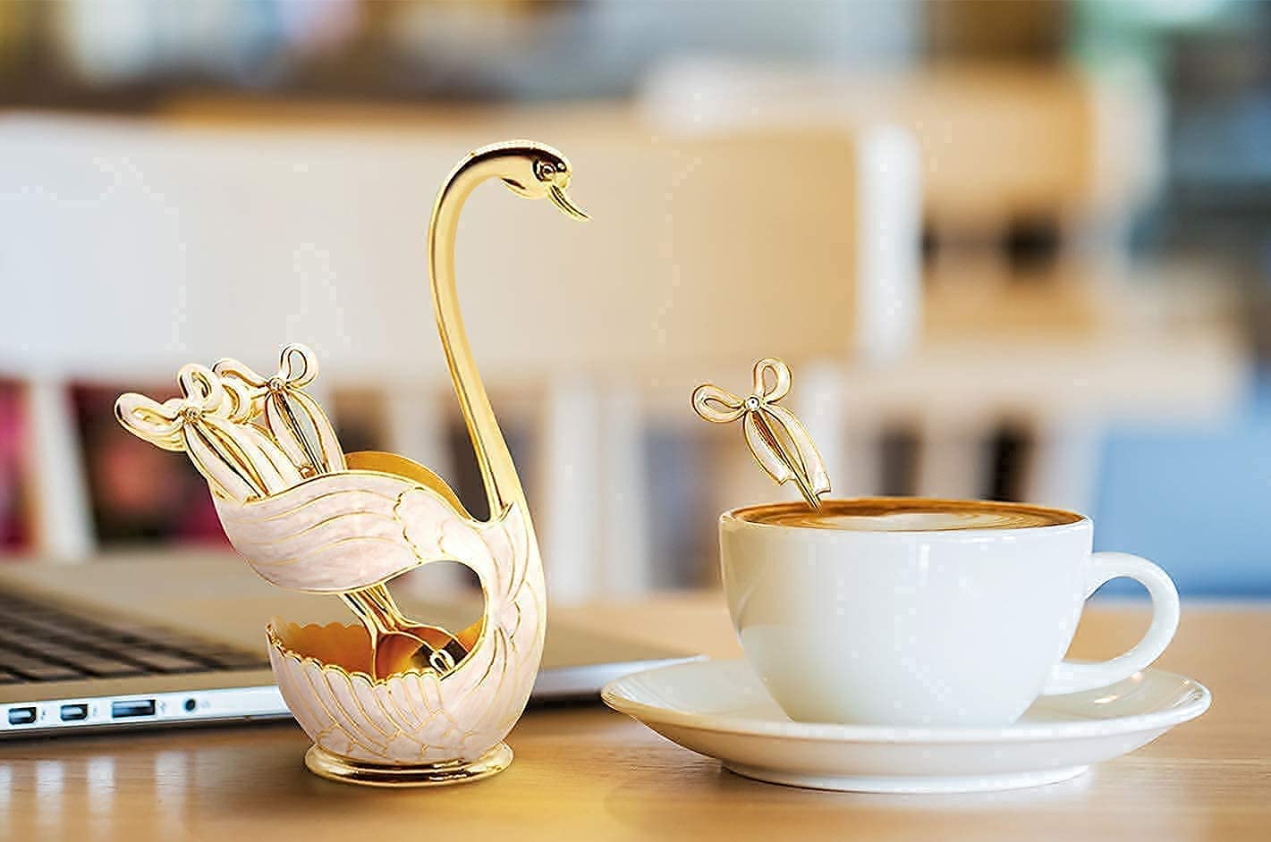 Flylin Coffee Dessert Spoon Set Metal Swan Base Holder Spoon Organizer With 6Pcs Ice Cream Spoons Teaspoons Coffee Dessert Flatw