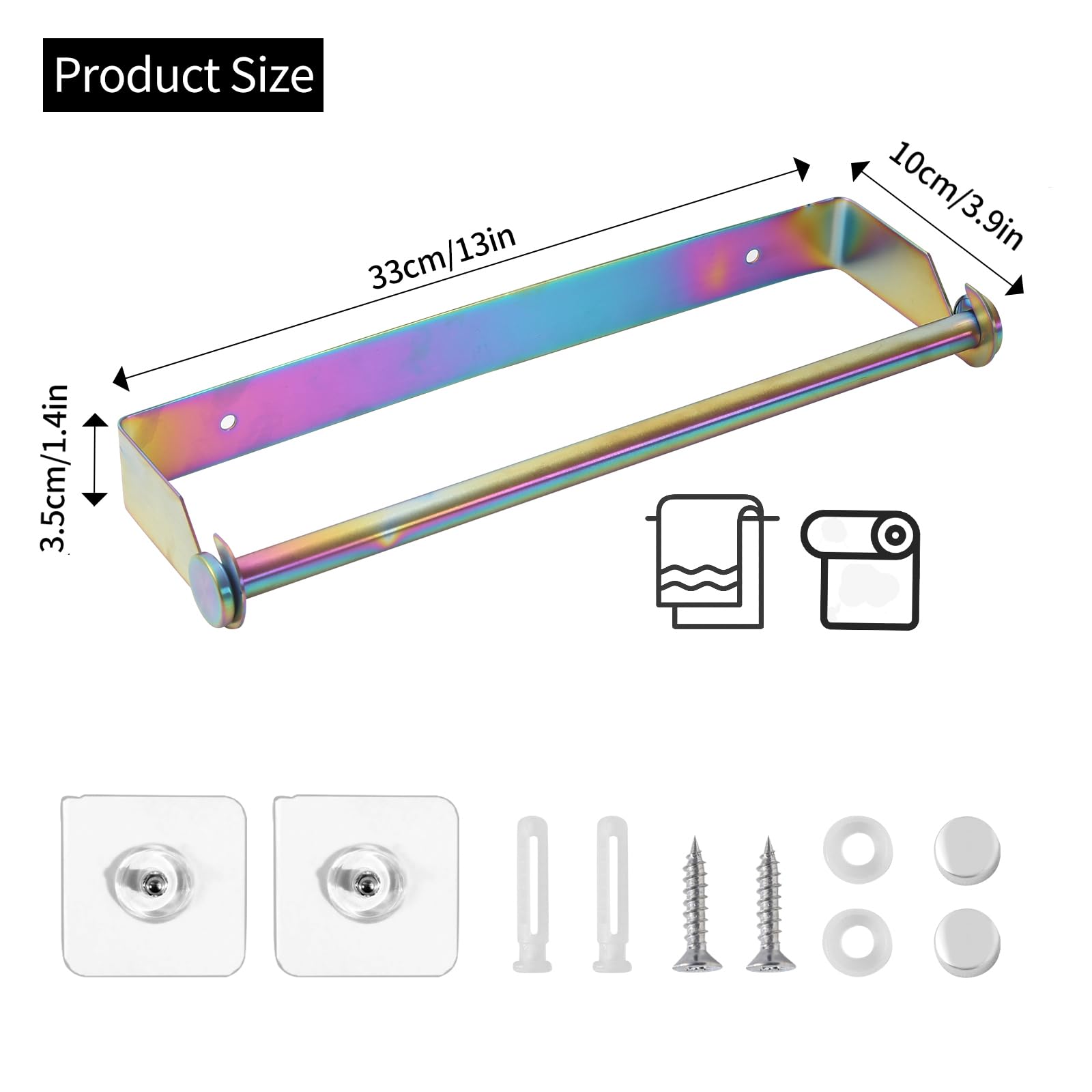 Paper Towel Holder Under Cabinet For Kitchen, Sus304 Stainless Steel Paper Roll Holder, Rainbow Self Adhesive Or Screw Mounting