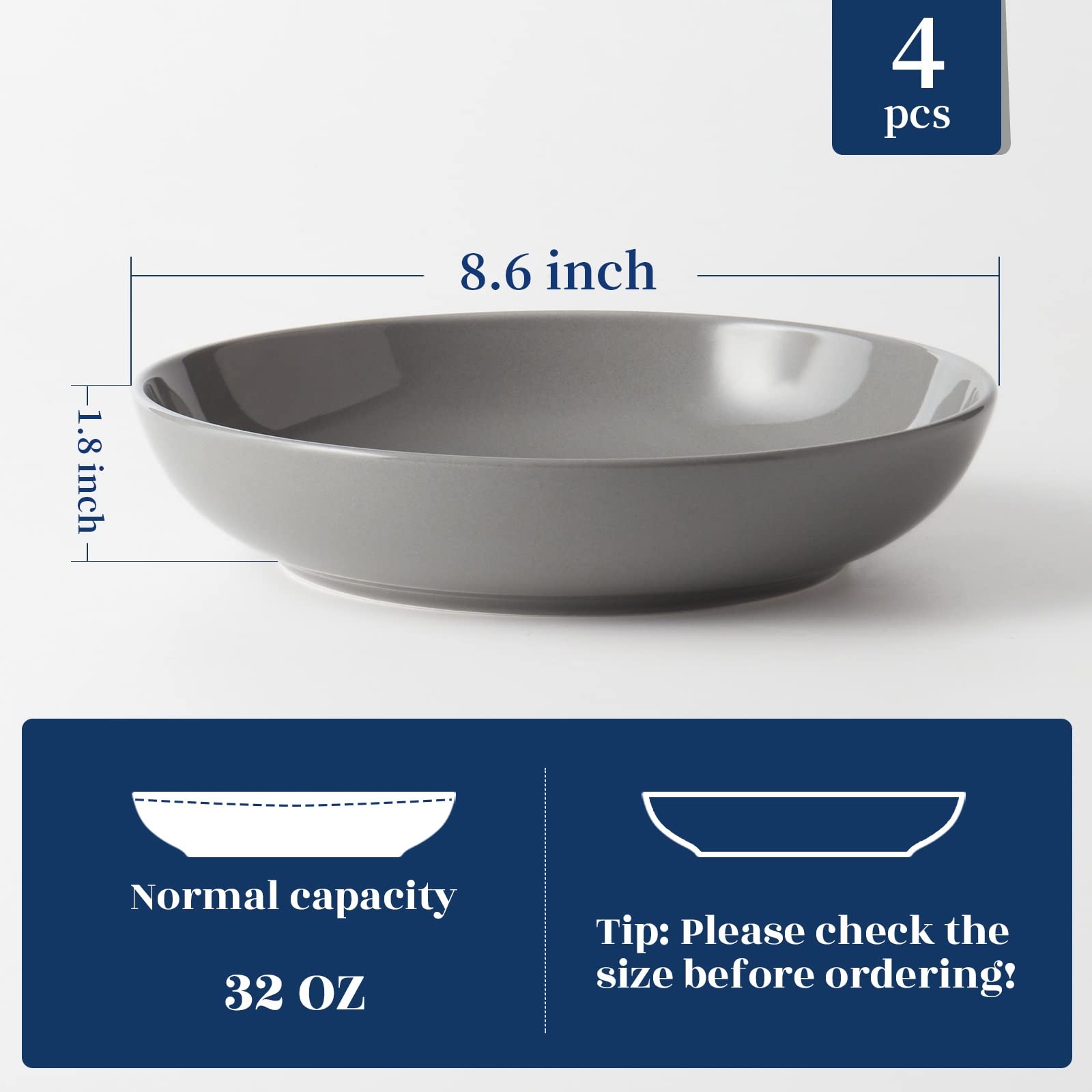 Y YHY Pasta Bowls 32 oz  8.5'' Salad Bowls Set of 4  Large Pasta Serving Bowl Set  Ceramic  Shallow Dinner Bowls Entree Bowls  Microwave & Dishwasher Safe  Grey
