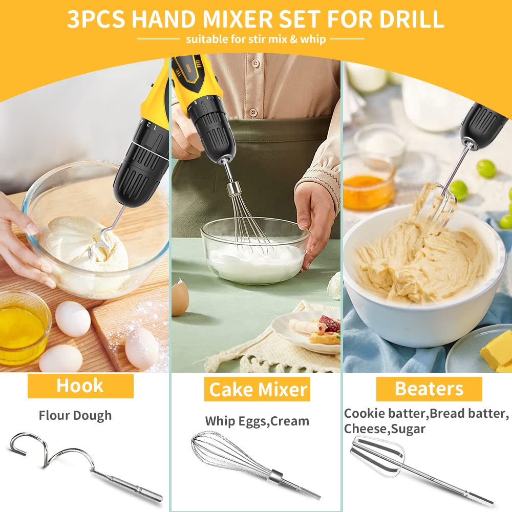 3Pcs Hand Mixer Electric Attachments Set For Drill, Homicozy Stainless Steel Mixer Electric Handheld Egg Beater, Whisk & Dough H