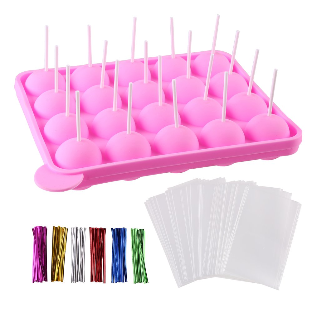 Ccinee 20 Cavity Silicone Cake Pop Mold With 30 Pcs Of Clear Cellophane Treat Bags 20 Pcs Lollipop Sticks And 30 Pcs Twist Ties