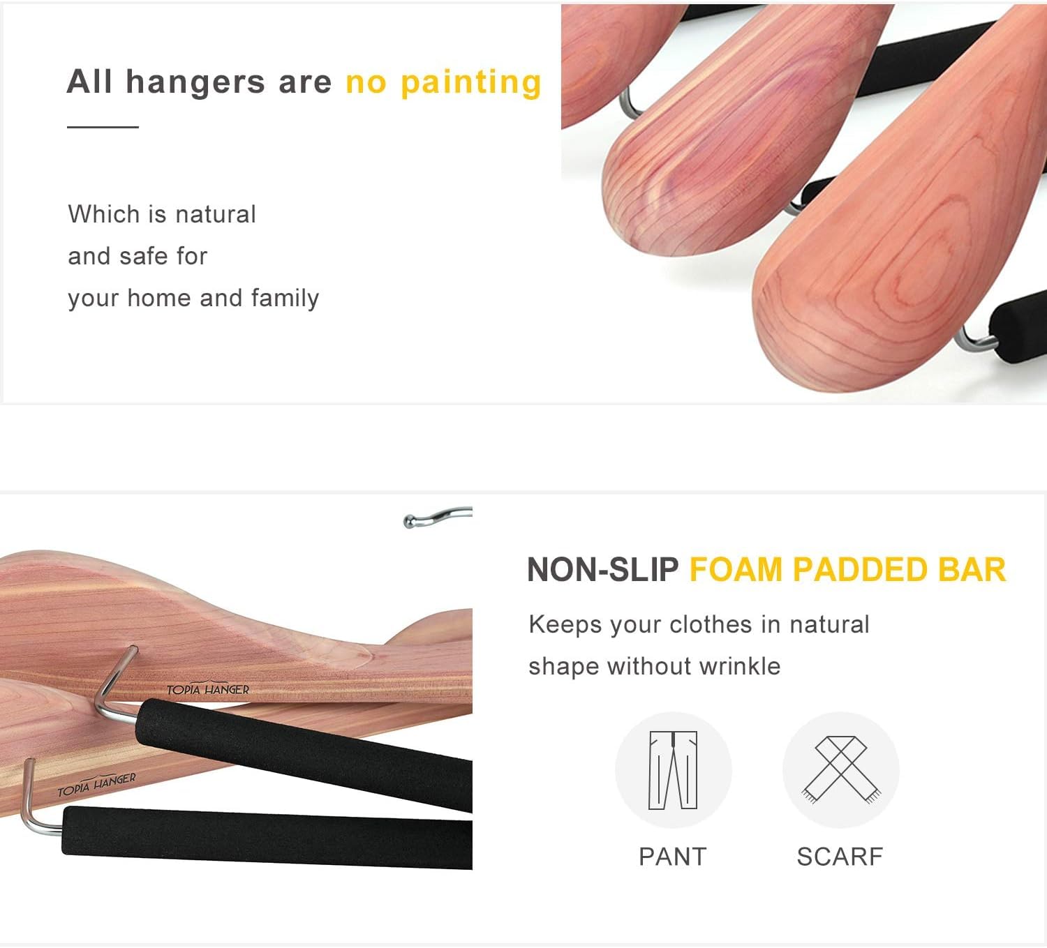 Topia Hanger American Red Cedar Wide Shoulder Wooden Hangers 8 Pack, Luxury Wood Suit Coat Hangers With Black Padded Pant Bar-36